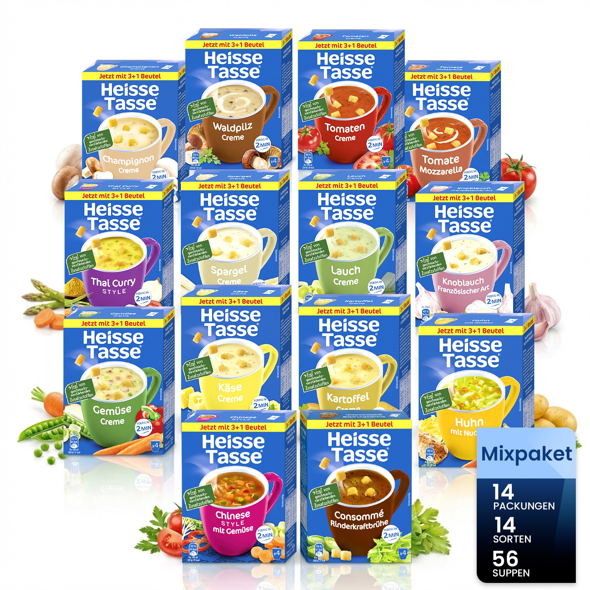 Mixpaket - Erasco Heisse Tasse 14er Set (56 Suppen) – Fertiggerichte, Instant Nudeln & 5 Minuten Terrine – Suppenvielfalt – schnelle Mahlzeit für Zuhause & Büro