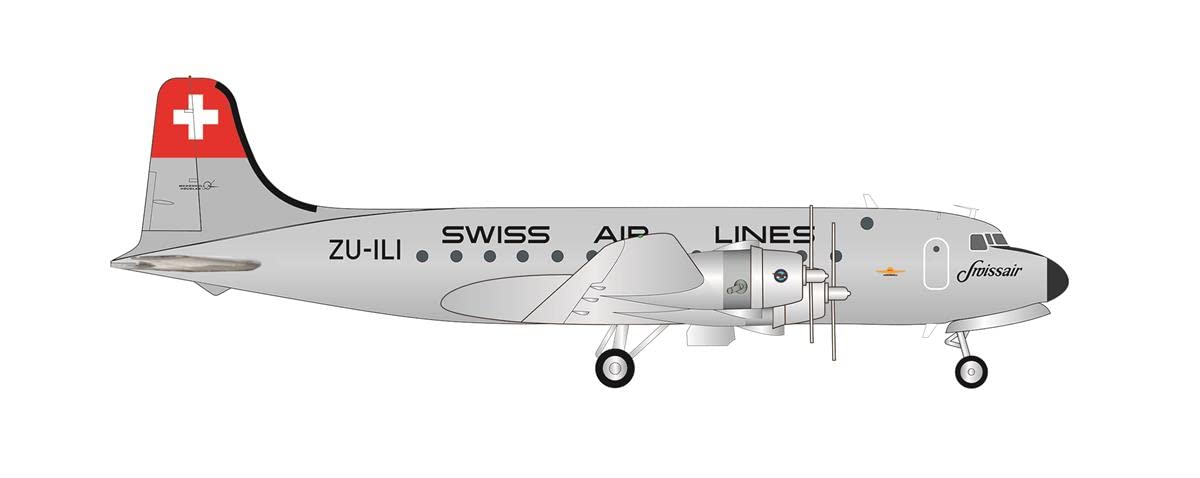 herpa Modellflugzeug Swissair Douglas DC-4 – ZU-ILI, Miniatur im Maßstab 1:200, Sammlerstück, Modell mit Standfuß, Metall, Silber, Mehrfarbig