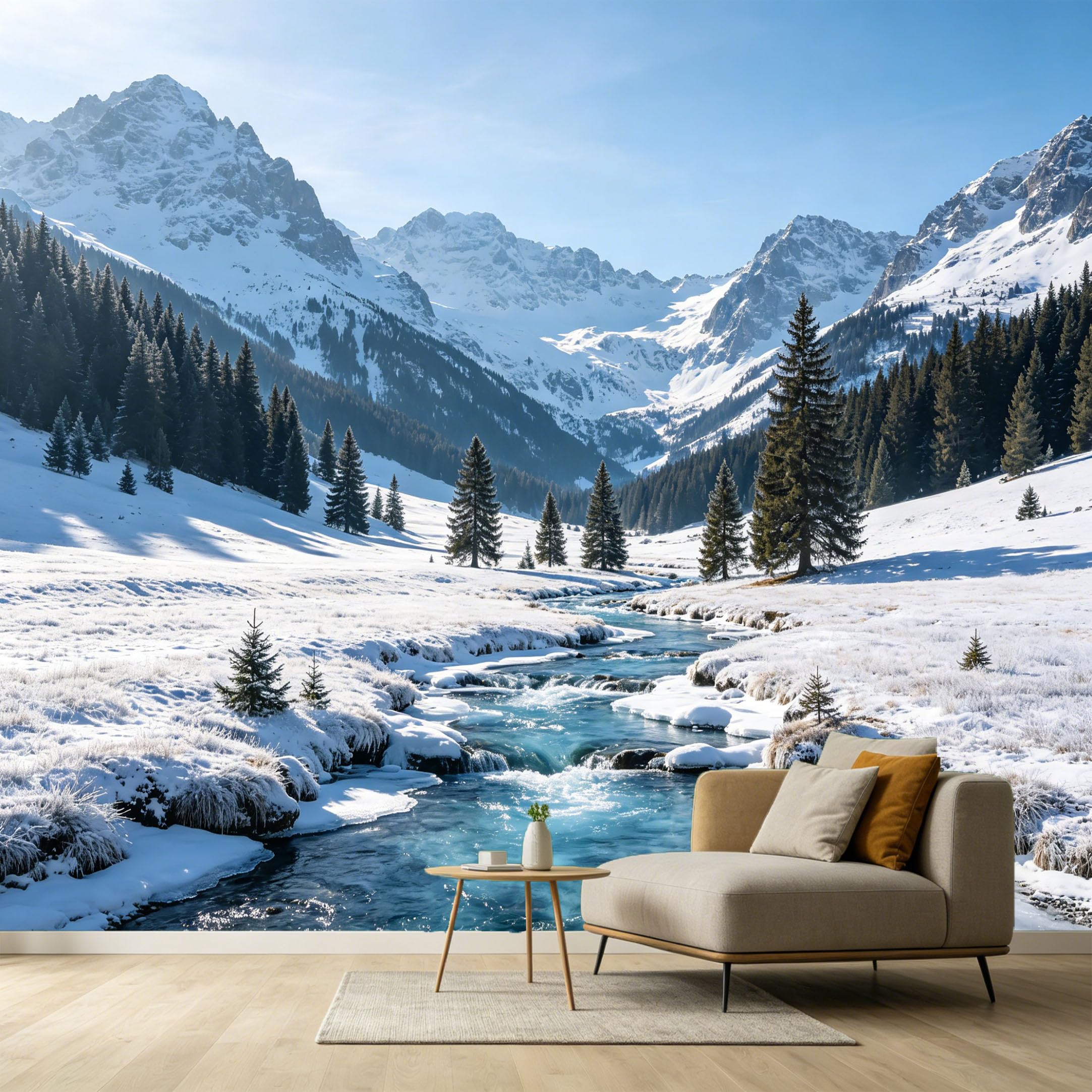 Custom Size Wall Murals Snow Mountain Lake Landscape Oil Painting Pine Trees Blue Stream SelfAdhesive Wall Fabric Removable Large Wallpaper for Photo Living Room