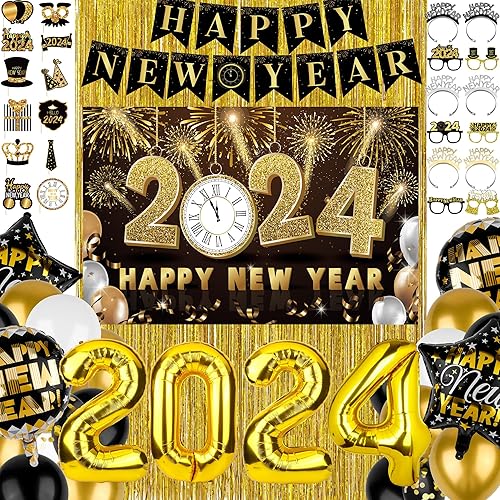 ADXCO 74 decoraciones de fiesta de Año Nuevo 2023 incluyen telón de fondo globos cortina de flecos dorados pancarta gafas tiaras accesorios de