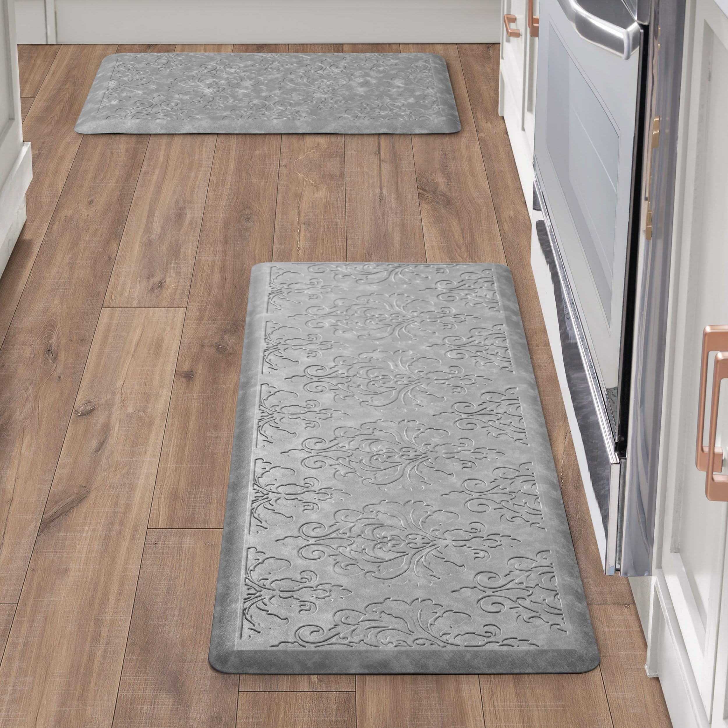 Chef Gear - Anti-Fatigue Gelness Kitchen Mat - Marni Design Cushioned Comfort Faux Leather Cooking & Standing Relief -Skid-Resistant Set of 2 17.5"x48" 17.5"x28" Grey, YMK015863