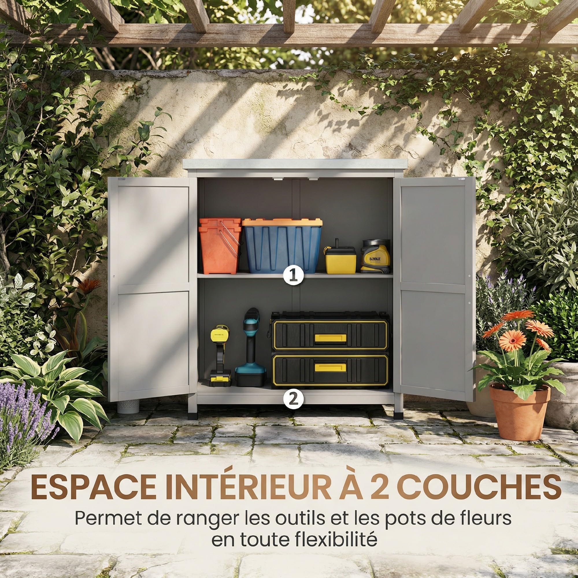 Outsunny Armoire de jardin en Bois Extérieur, armoire de rangement de Jardin, Table de Jardinage avec Plan de Travail en acier galvanisé, étagère Double Porte, pour Extérieur Intérieur 79x43x92cm gris