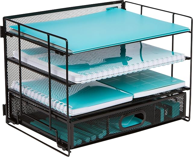 Mesh Office Organizer for Desk  Desk Organizer with 4 Tiers, Sliding Drawer for Storing Office Supplies, Files, Folders, Pens. Black Desktop Filing Organizers for Tidy Home or Office Storage (4 Tier)