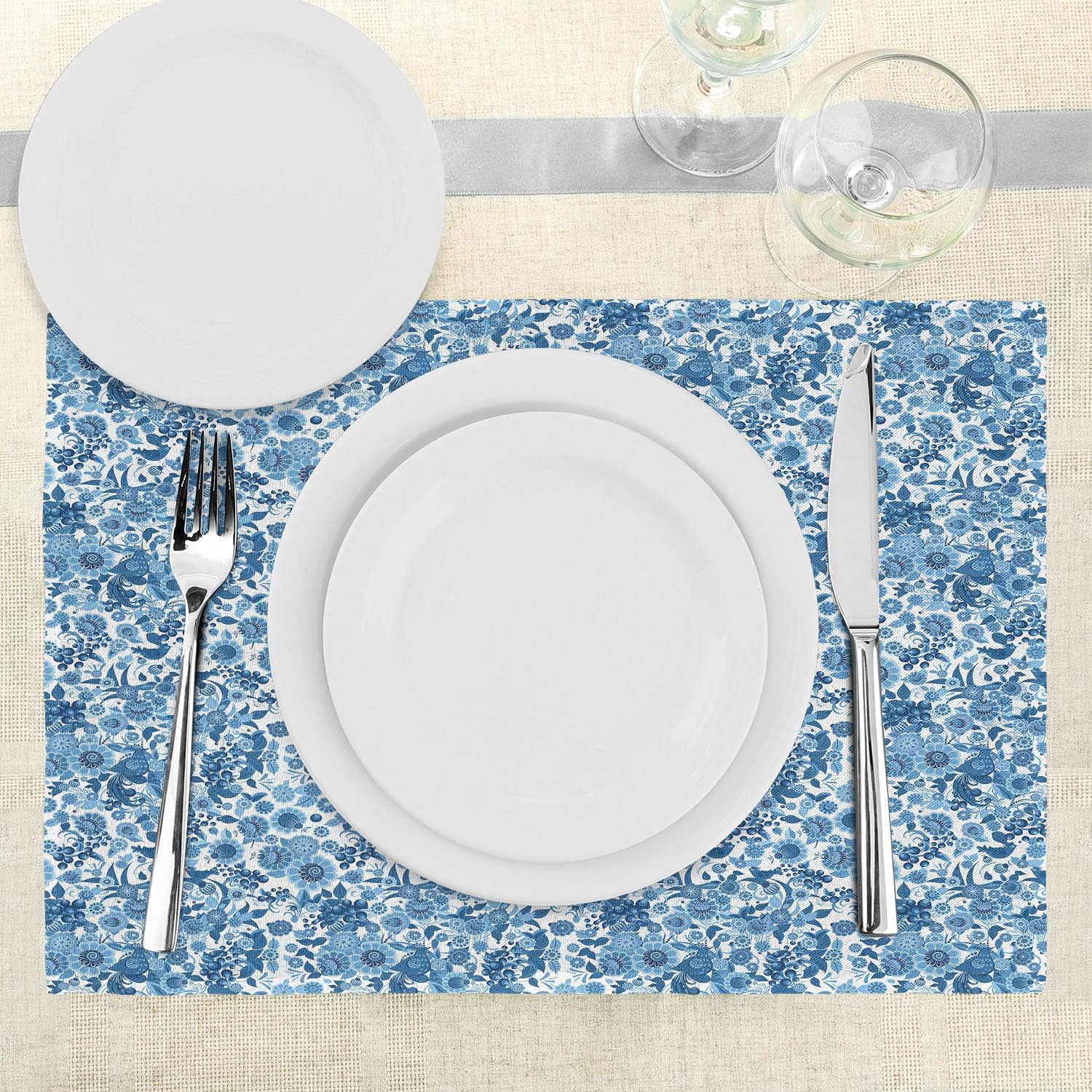 Lunarable Blue Floral Place Mats Set of 4, Traditional Composition with Birds Flowers Oriental Ethnic Flowery, Washable Fabric Placemats for Dining Table, Standard Size, Dark Blue White Blue