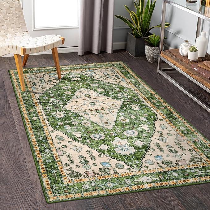 Lahome Boho Tribal Area Rug 3x5 Vintage Green Rug for Bedroom, Soft Non Slip Washable Entry