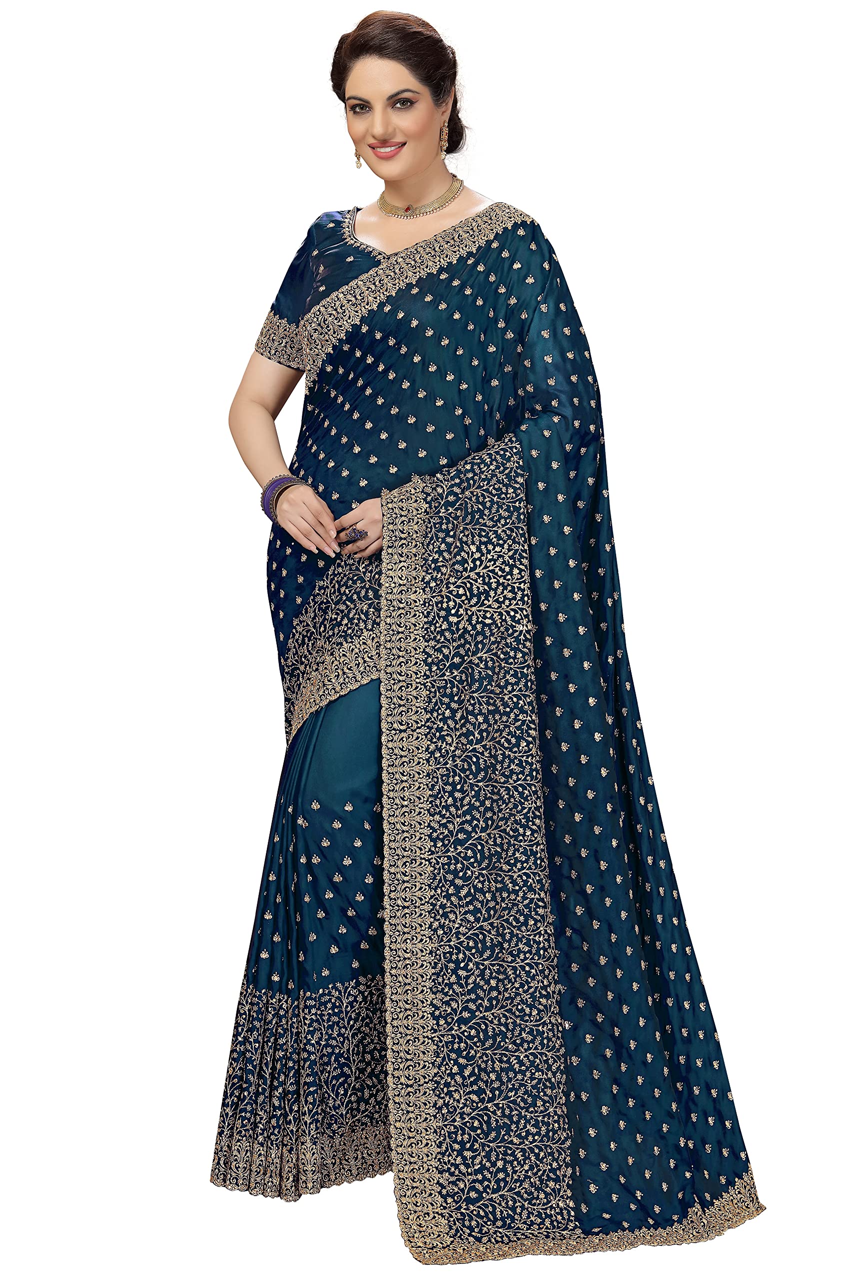 TRENDMALLS Women's Barfi Silk Embroidery Saree with Unstitched Blouse