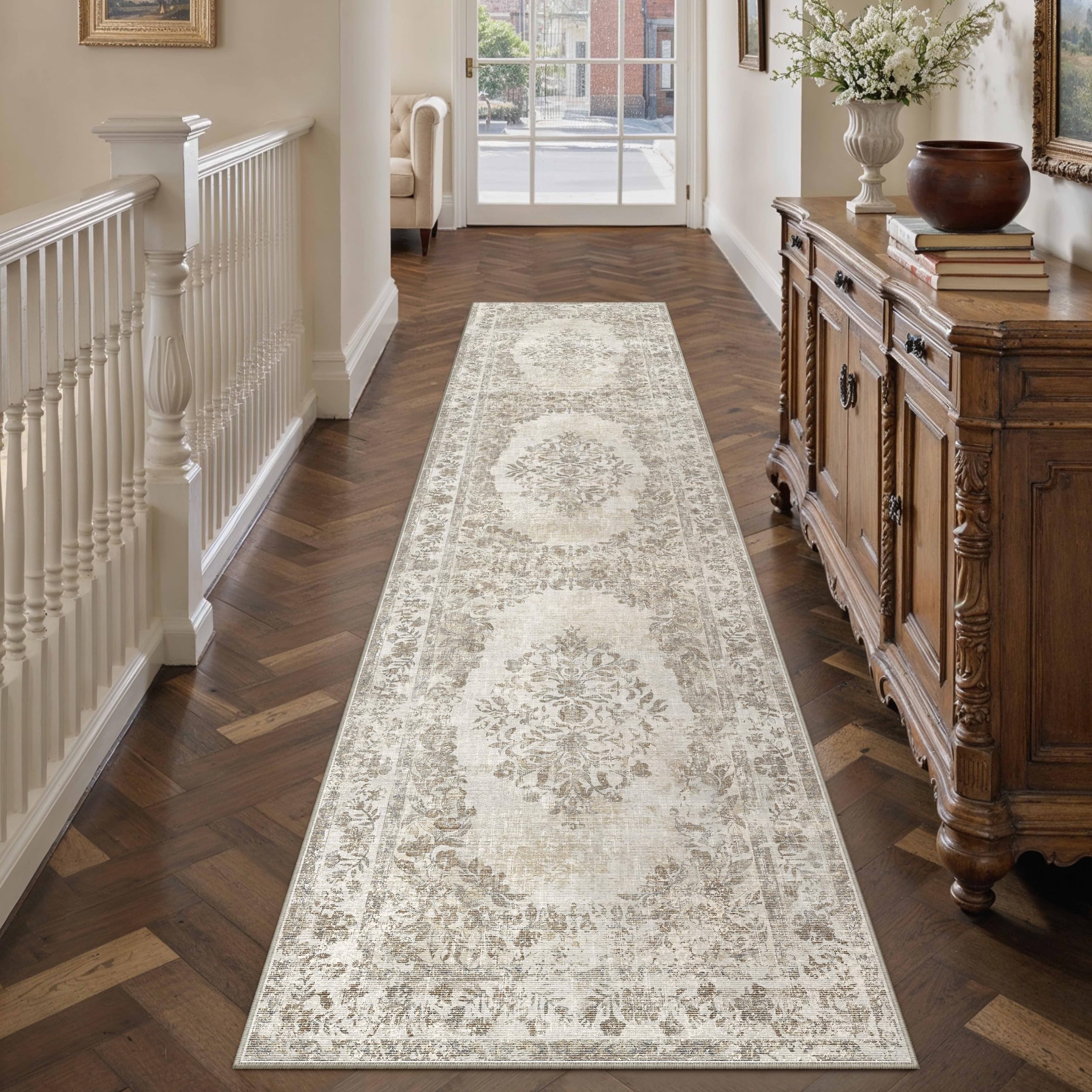PureCozy 2'6"x10' Runner Rug Beige Washable Hallway Kitchen Bedroom Vintage Distressed Bathroom Non Slip Medallion Floral Carpet Indoor Retro Throw Floor Mat for Office Dining Laundry Living Room โ image 1