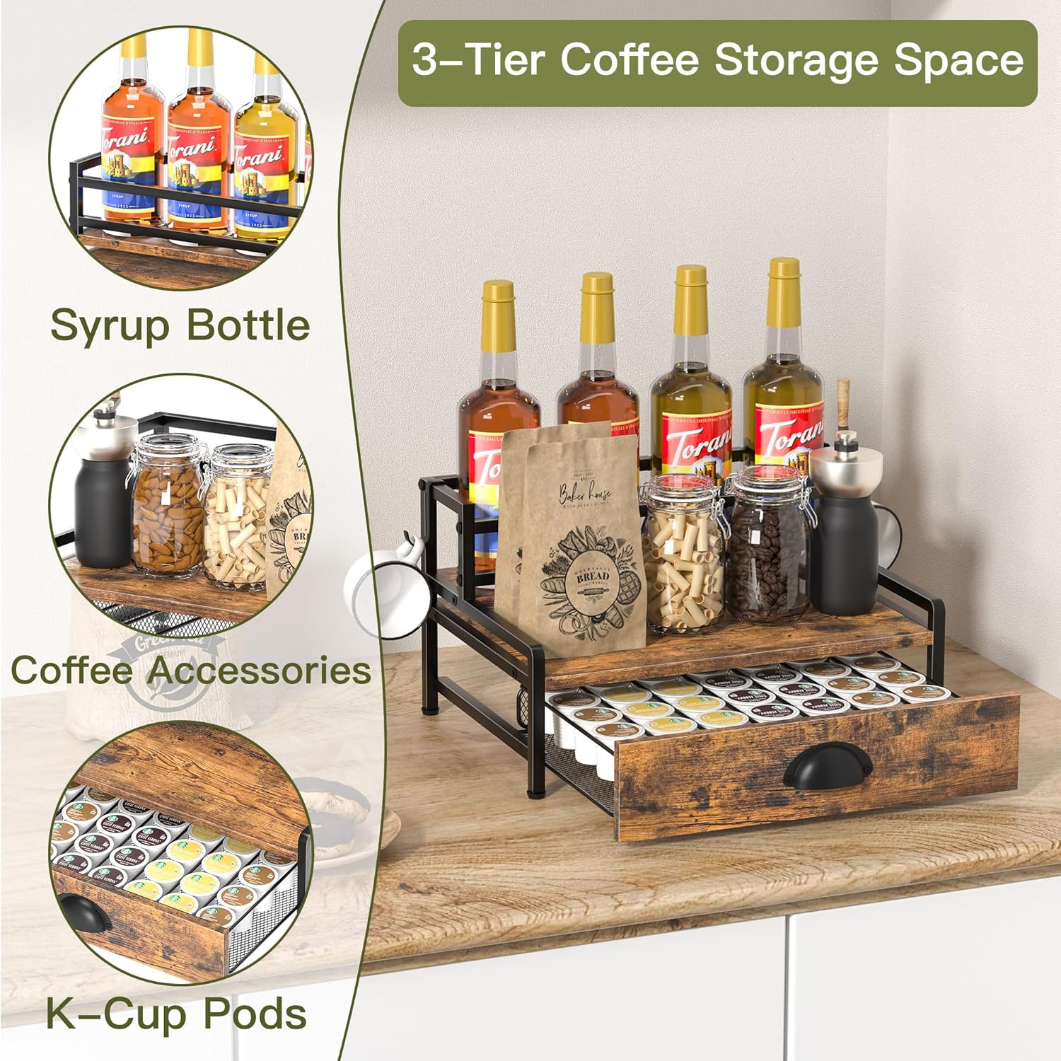 Coffee Syrup Rack Organizer, 3 Tier Countertop Storage Shelves with 35 K Cup Drawer, 8 Syrup Bottle Stand Holder for Wine, Kitchen Coffee Station Organizer Rack, Rustic Brown