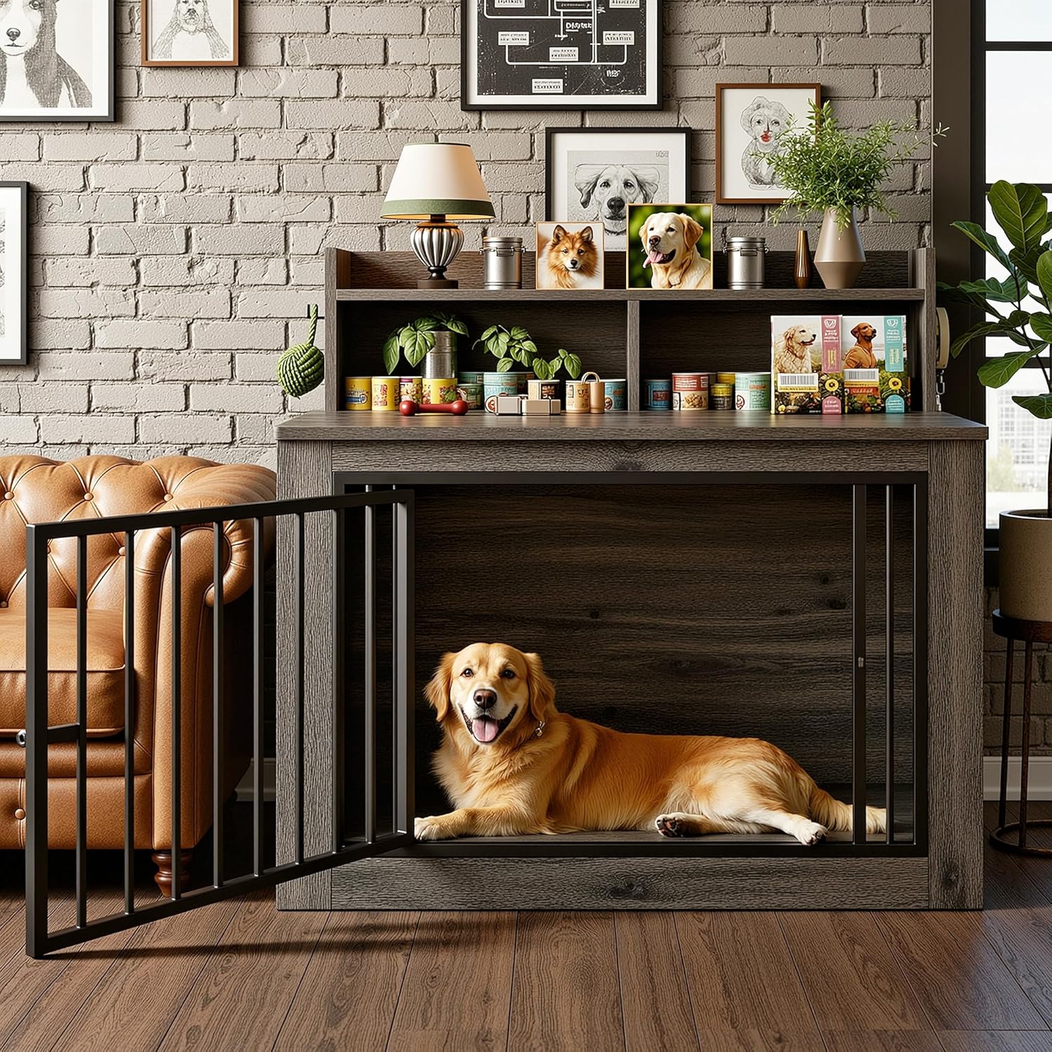 IRONCK Extra Large Dog Crate Furniture, 43.3 inches Wooden Dog Crate with Storage and 4 Hooks, Heavy Duty Pet Crate for Large Dog, Decorative Pet Cage for Indoor (30" L x 43.3" W x 41.1" H)