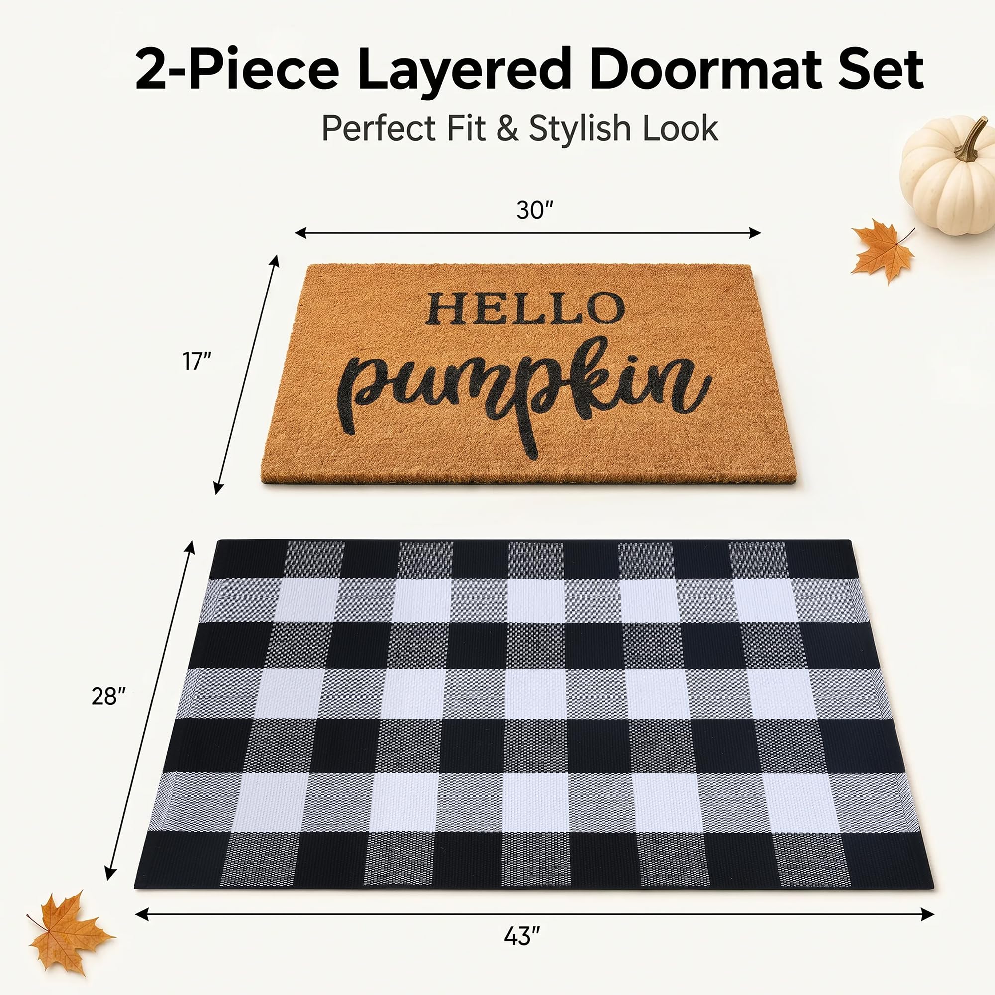 Ensemble de paillassons décoratifs d'automne en 100 % fibre de coco + tapis à carreaux noirs et blancs de 71,1 x 109,9 cm – Paillasson d'entrée pour porche, intérieur et extérieur, tapis d'automne