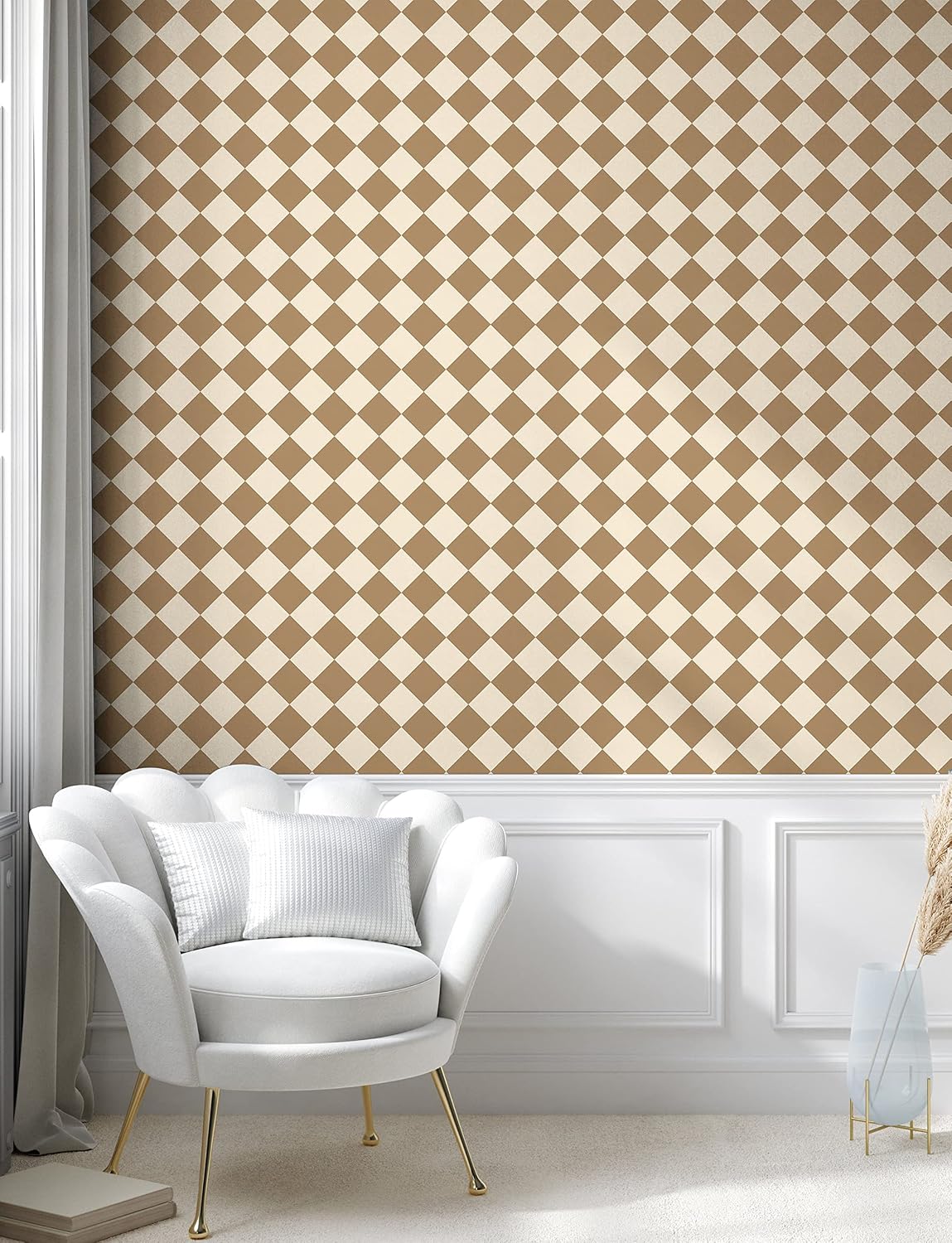 Lunarable Retro Peel & Stick Wallpaper for Home, Gingham Style Rhombuses Pattern Classical Tartan Design in Earthy Colors Print, Self-Adhesive Living Room Kitchen Accent, 13" x 100", Beige and Umber