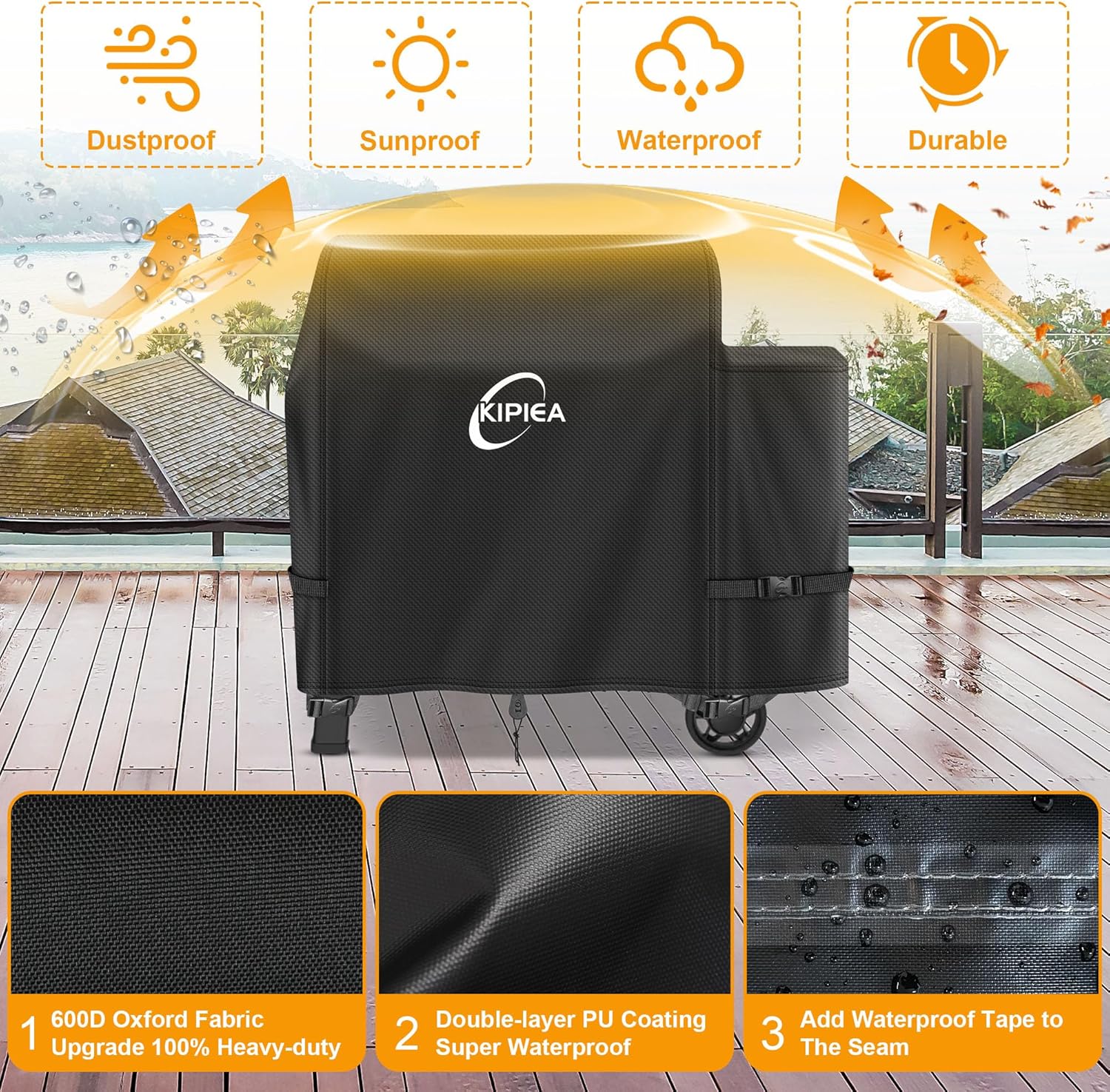Kipiea 600D Heavy Duty Pellet Grill Cover for Weber Searwood XL 600 & Smoque XL, Waterproof Wood Pellet Smoker Cover with Windproof Buckles, UV Resistant, No Tear, No Fading