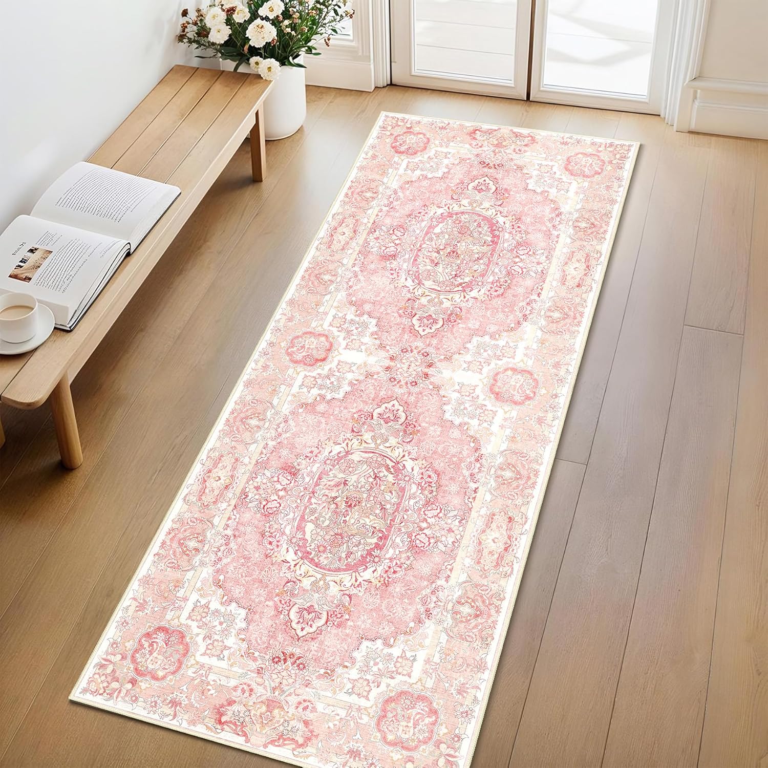 Boho Washable Runner Rug 2x6, Vintage Floral Low Pile Non Slip Rug for Hallway Entryway Kitchen Bedroom, Soft Farmhouse Decorative Carpet,Blush Pink