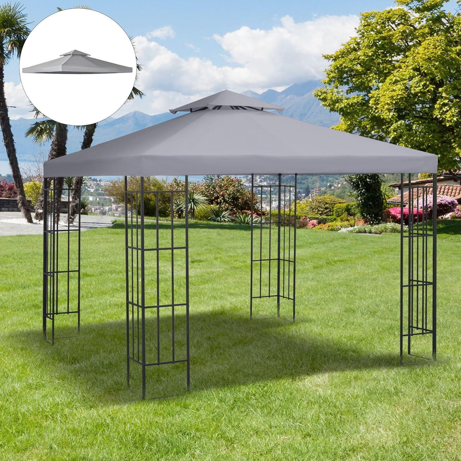 9.84'x9.84' Light Grey 2-Tier Polyester Canopy Replacement Top – PA-Coated UV-Protective Ventilated Gazebo Cover (TOP ONLY)