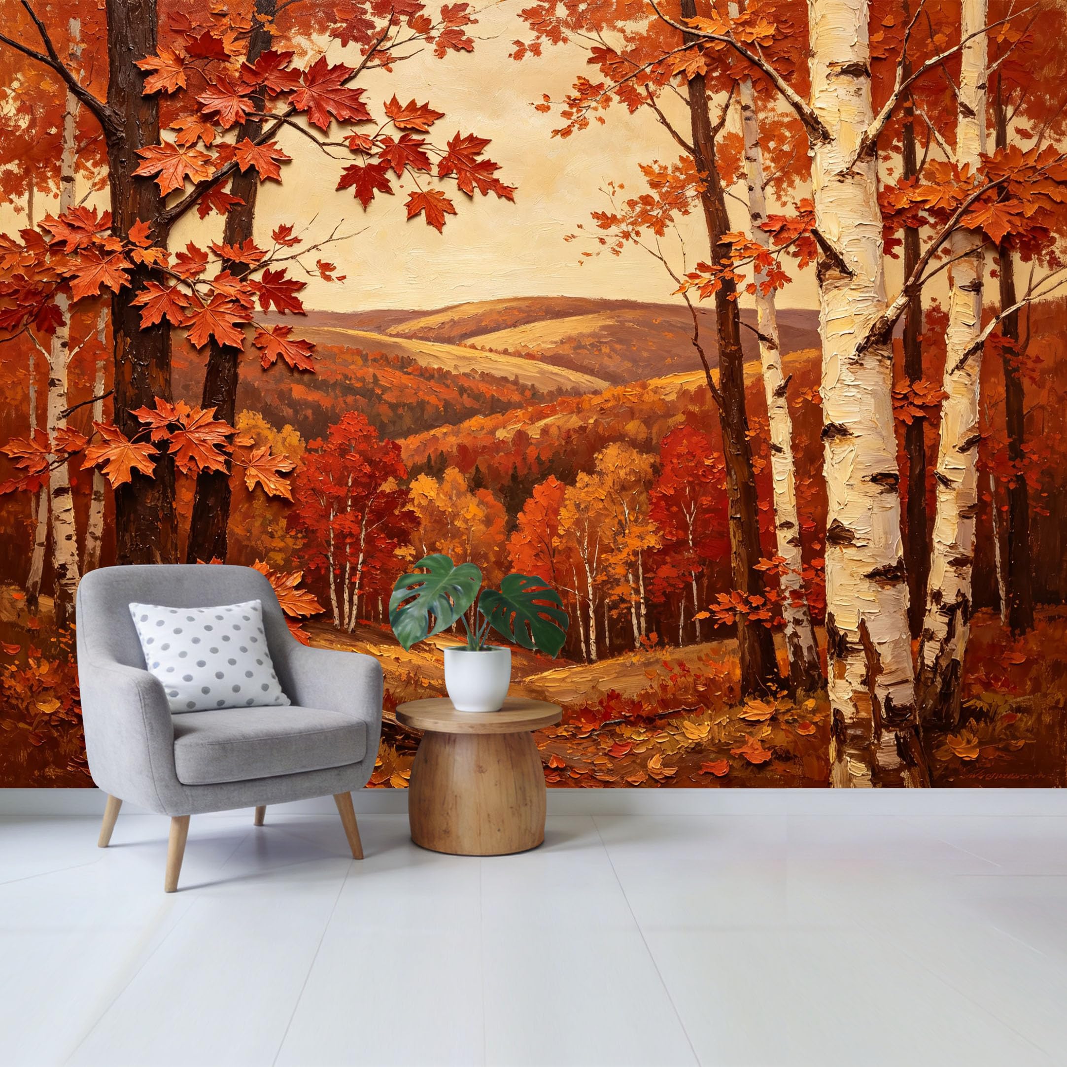 Custom Size Wall Mural Autumn Forest Landscape Oil Painting Vibrant Maple Leaves Textured Art SelfAdhesive Wall Fabric Removable Wallpaper for Home Office Decor