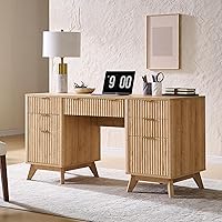 T4TREAM 60" Fluted Executive Desk with Charging Station, Drawers, File Cabinet, Keyboard Tray - Natural Oak Home Office Desk