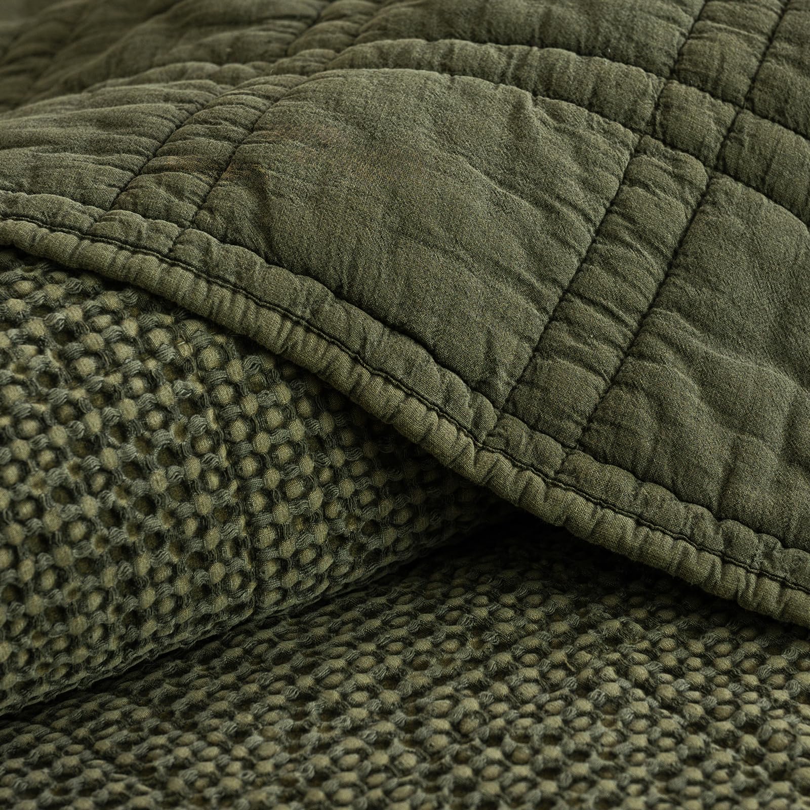 phf stone-washed 100% cotton waffle quilt set queen size (90"x90") - 3pc lightweight diamond quilted bedspread for all season, soft vintage coverlet for home decor, moss