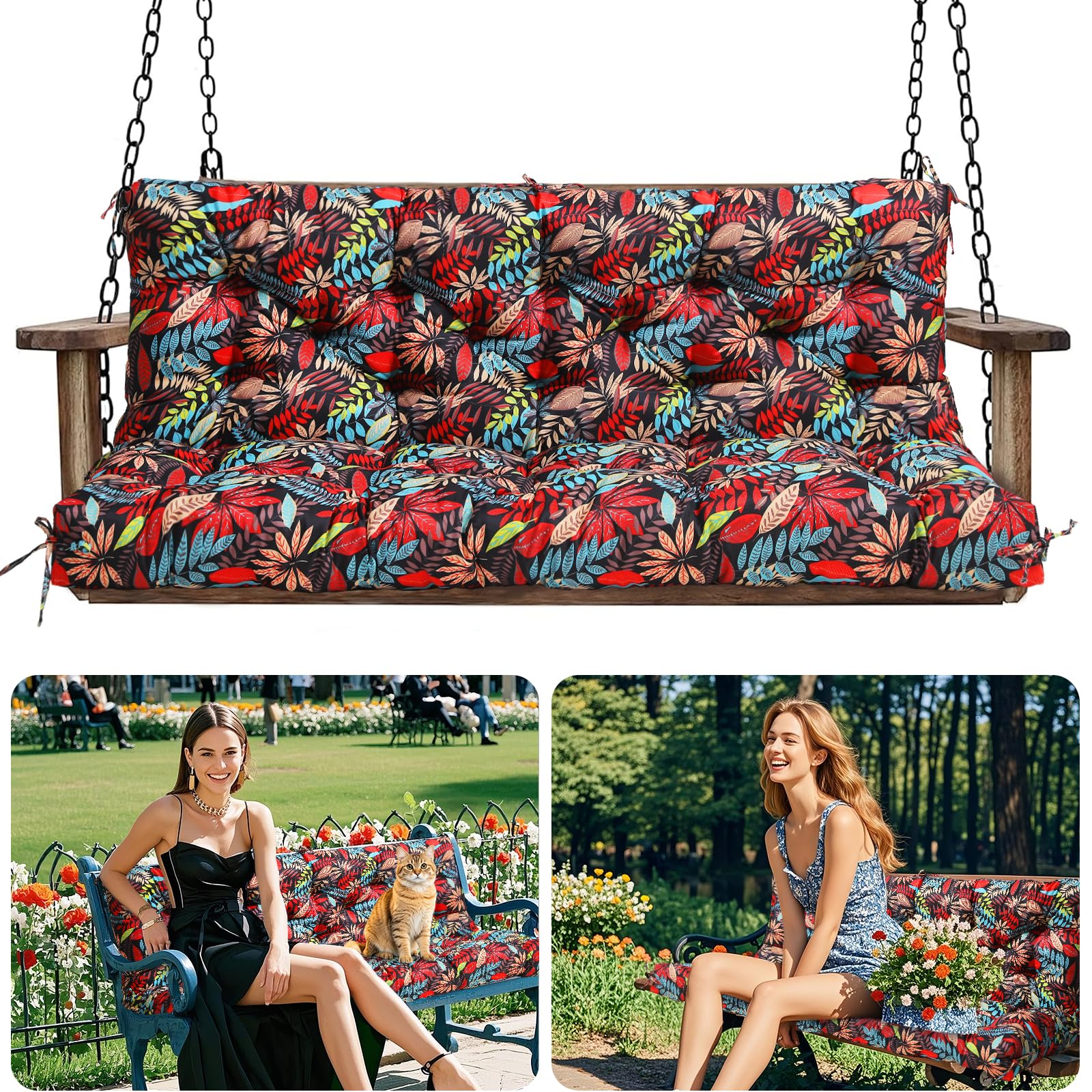 Amdieu Garden Swing Cushions 3 Seater Waterproof Bench Cushion with Backrest and 8 Ties 12cm ﻿Thick Swing Cushions Replacement for Outdoor Furniture Garden Porch Patio(Leaf Print -150 x 100 cm)