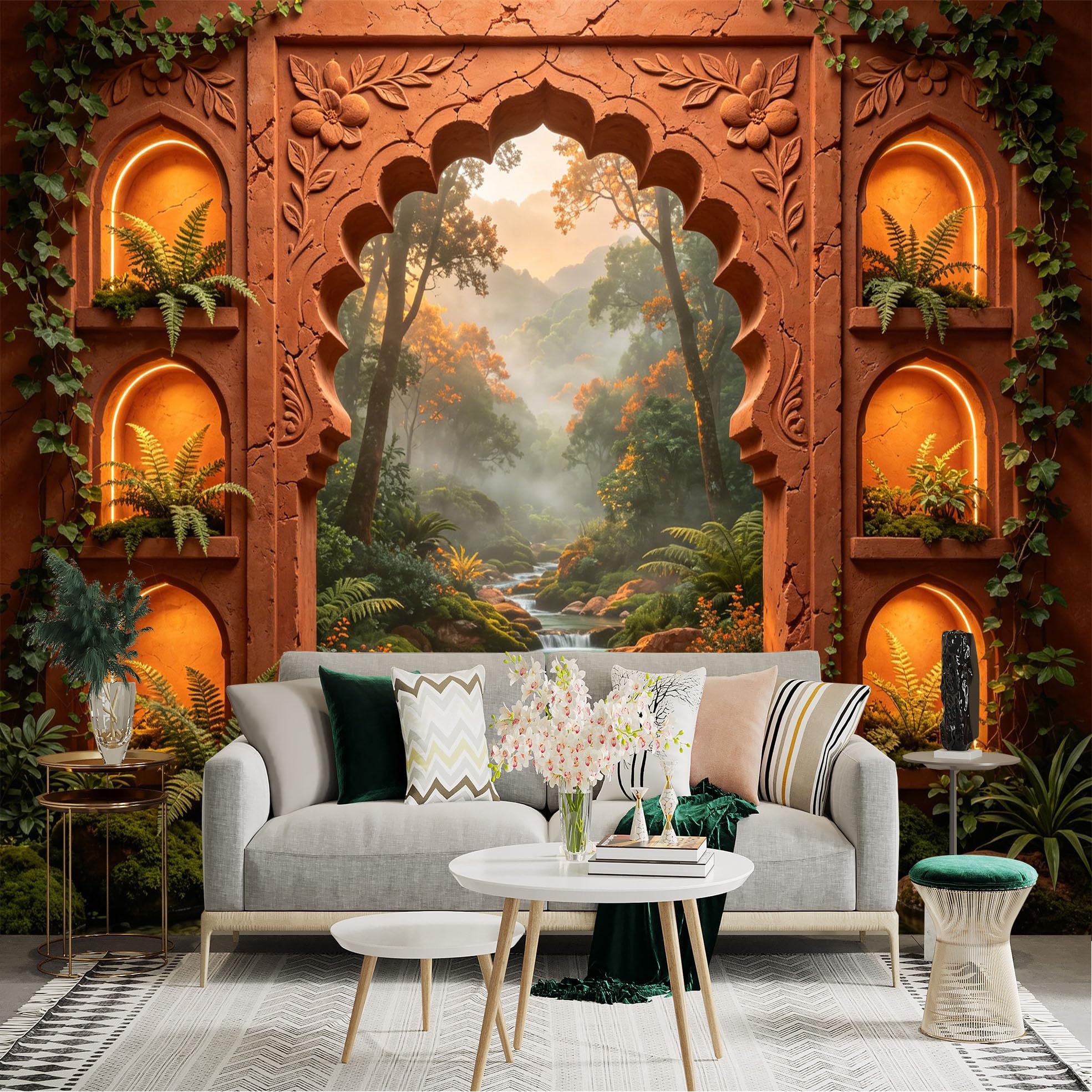 Custom Size Wall Sticker Mural， Scenic Waterfall with Lush Forest and Ornate Archway， for wall Decoration， peelandstick wall Decals.