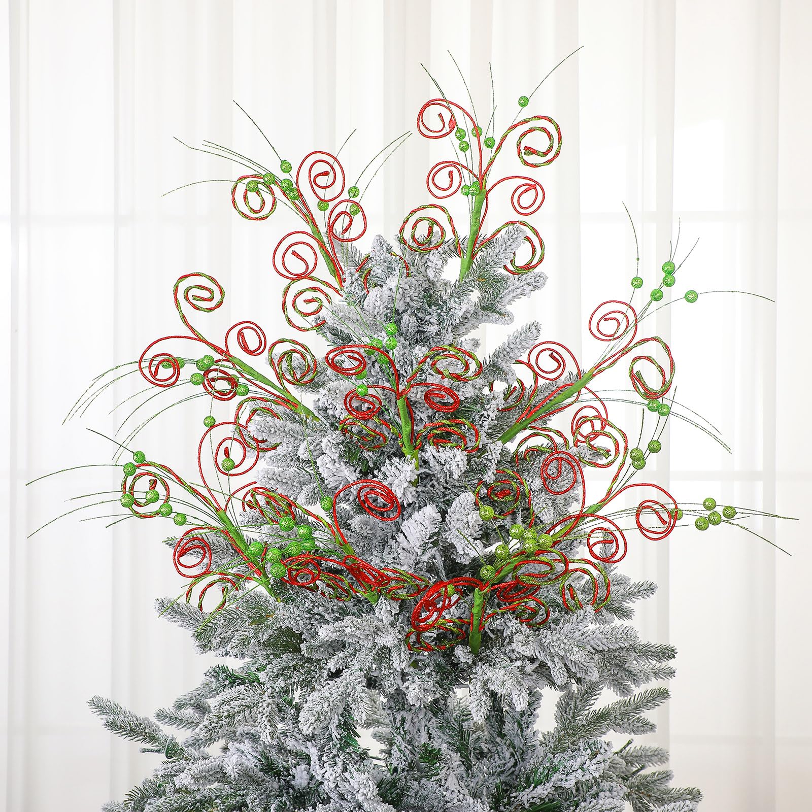 Gejoy Lot de 9 pics pour sapin de Noël - 40,6 cm - Vert citron et rouge pailleté - Décorations de bonbons artificiels pour décoration de sapin de Noël, vase, vacances (torsadé)