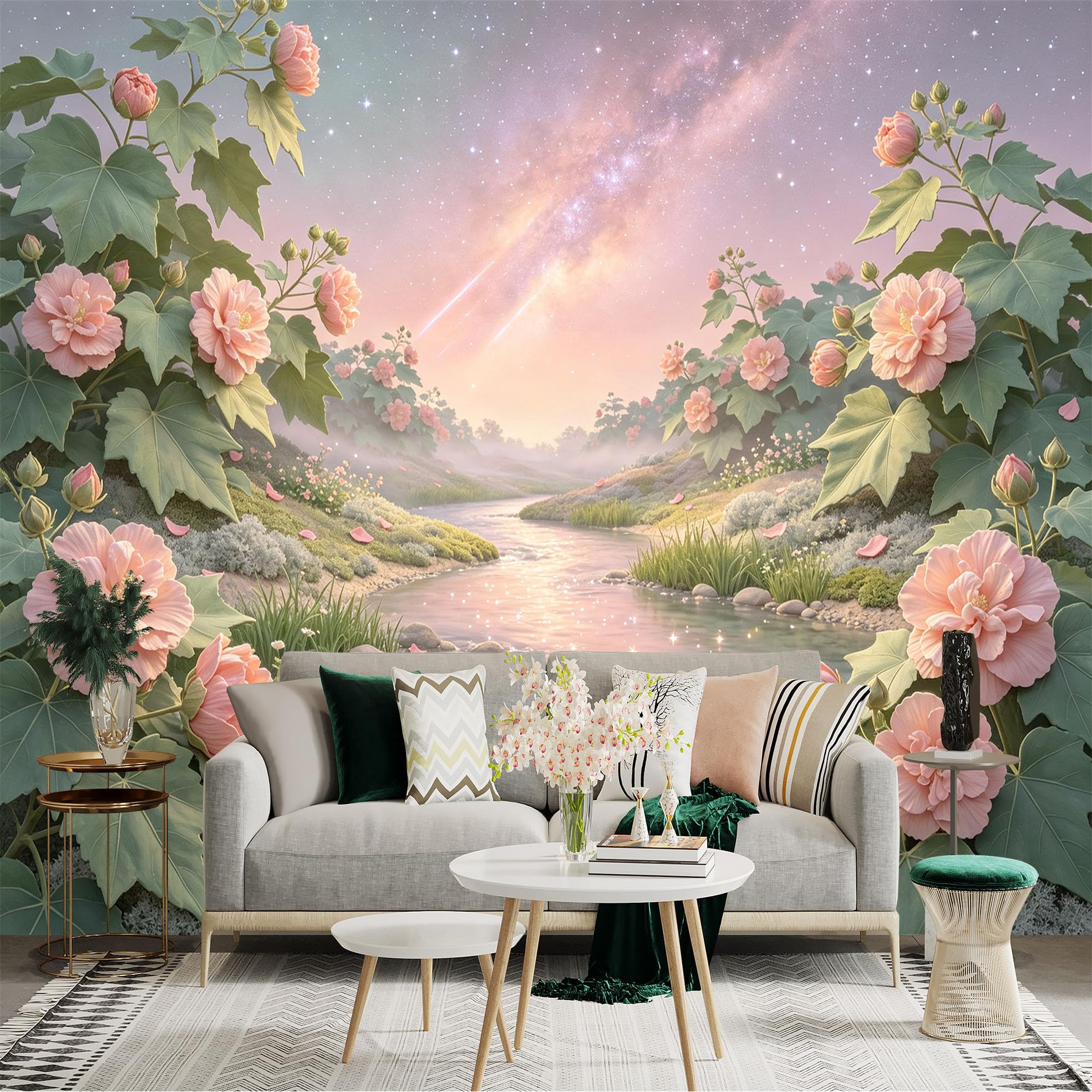 Custom Size Wall Sticker Mural， Dreamy Pink Flower Garden， Serene River Landscape， Milky Way Starry Sky， for wall Decoration， peelandstick wall Decals.