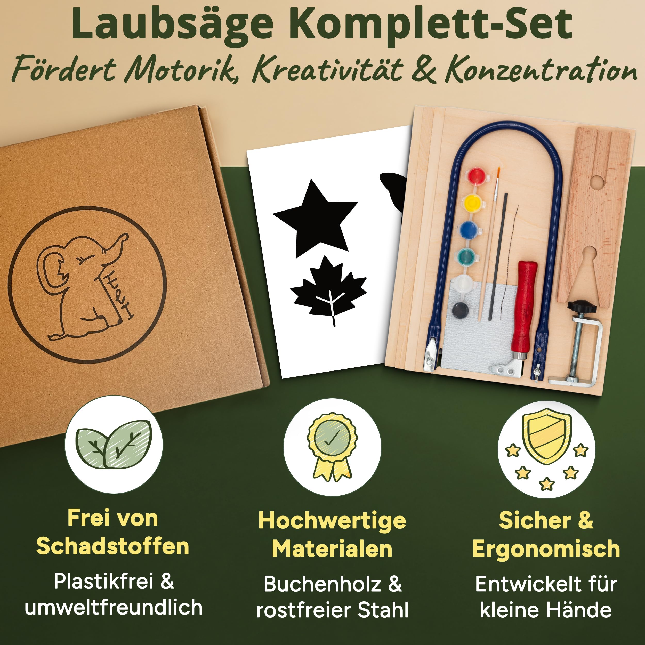 Eli® Laubsäge für Kinder - Komplett Set für Laubsägen inkl kreative Vorlagen - Laubsägeplatten - Farben - Pinsel - Schleifpapier - Holz - Geschenkidee Junge und Mädchen