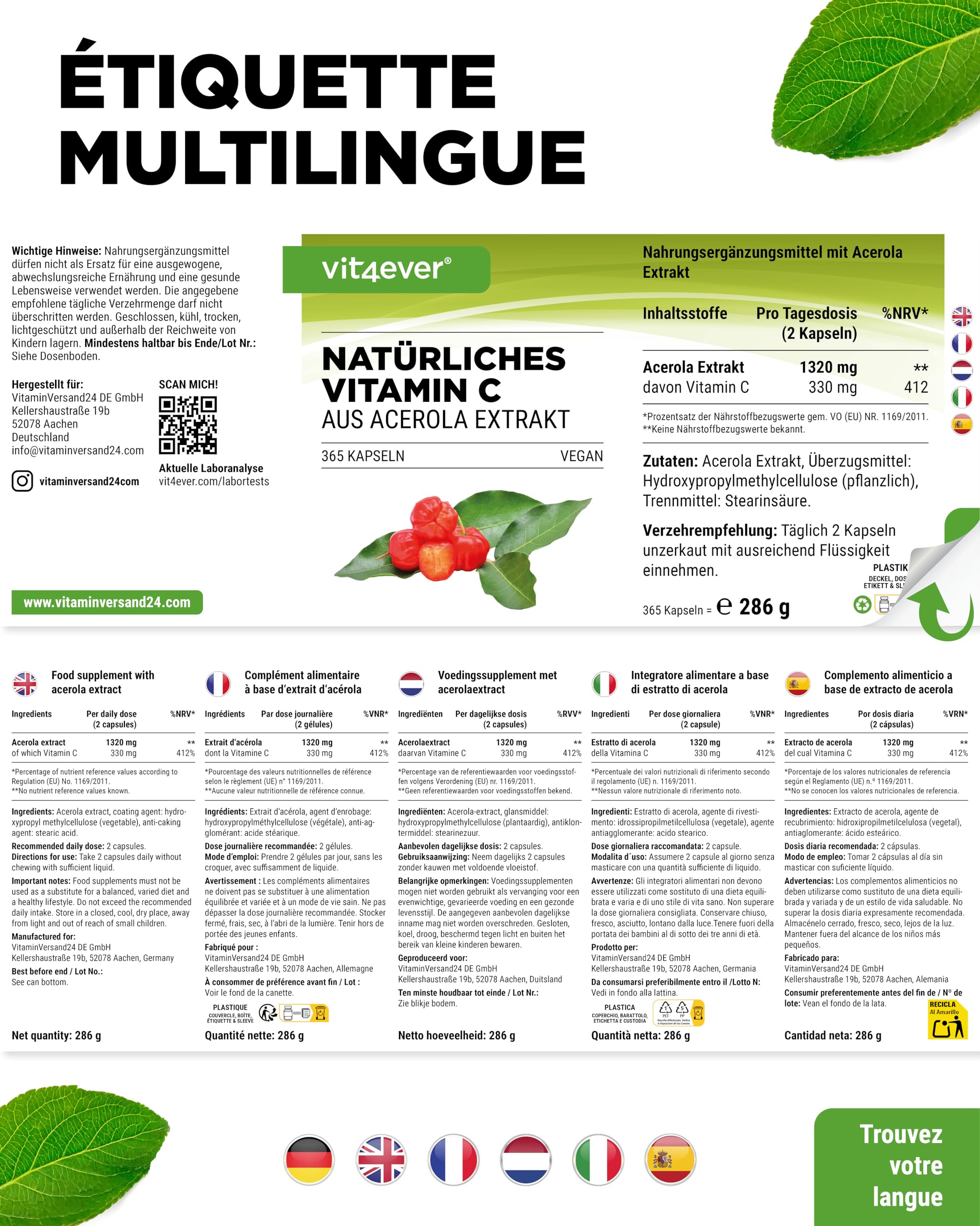 vit4ever Vitamine C Naturelle Issue d’Extrait d’Acérola – 365 Gélules – Forte Dose – Matière Première Premium – Sans Additifs Indésirables – Végan