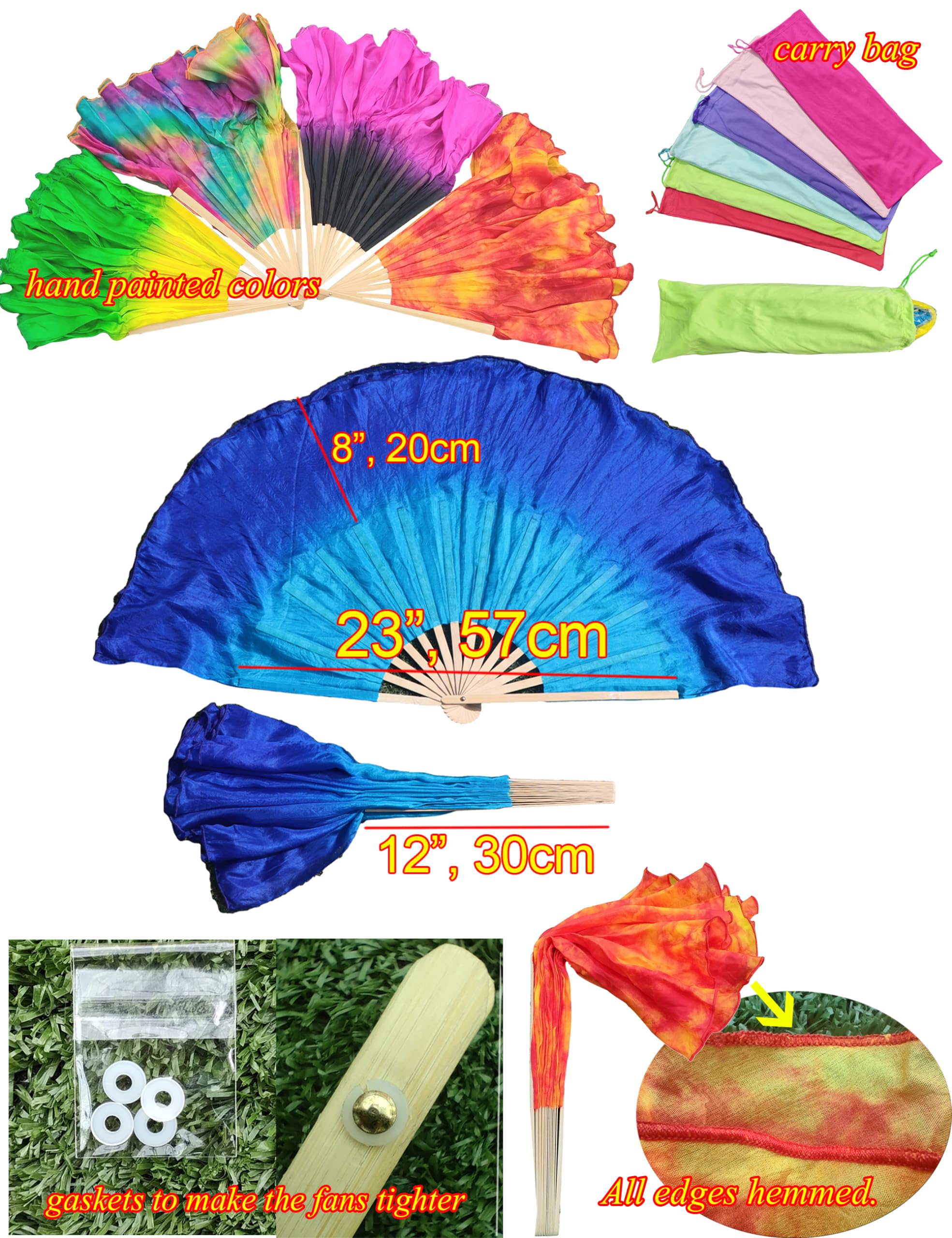 Sarora dance fan, Colorful Belly Dance Bamboo Long Silk Fans Veils 4 Colors Hand Made Silk Fan (Yellow + Orange + Red)