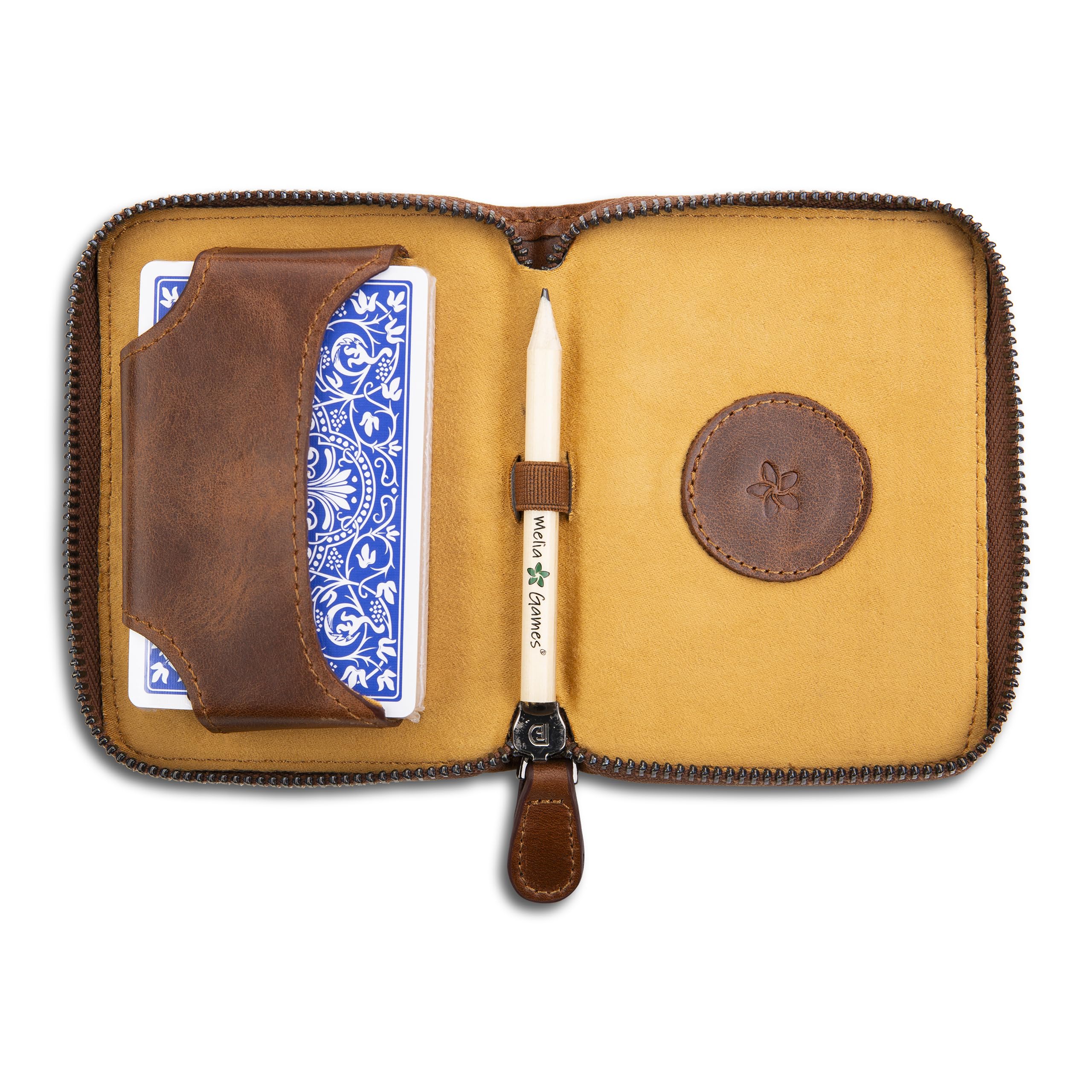 Etui na karty do gry – wysokiej jakości etui na karty z najlepszej skóry – łącznie z talią kart do gry i ołówkiem (Classic Brown)