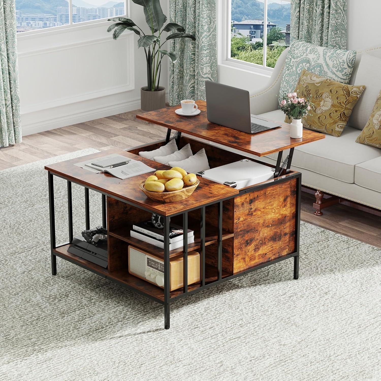 Ywin Lift Top Coffee Table with Storage, 31.5" Adjustable Height Living Room Table with 3 Shelves, Multifunctiona Center Table for Home Office, Dining, Living Room, Rustic Brown