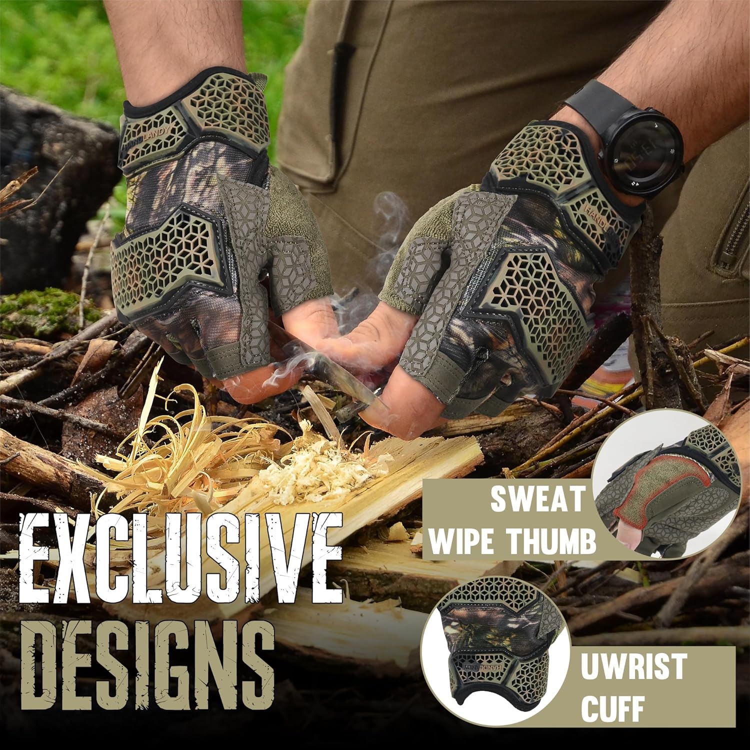 HANDLANDY Fingerless Framer Work Gloves for Men, Utility Grip Paded Gloves for Tactical Shooting Airsoft Hunting Driving (Camo- 3 Fingerless, Medium (Pack of 1)) - Image 4