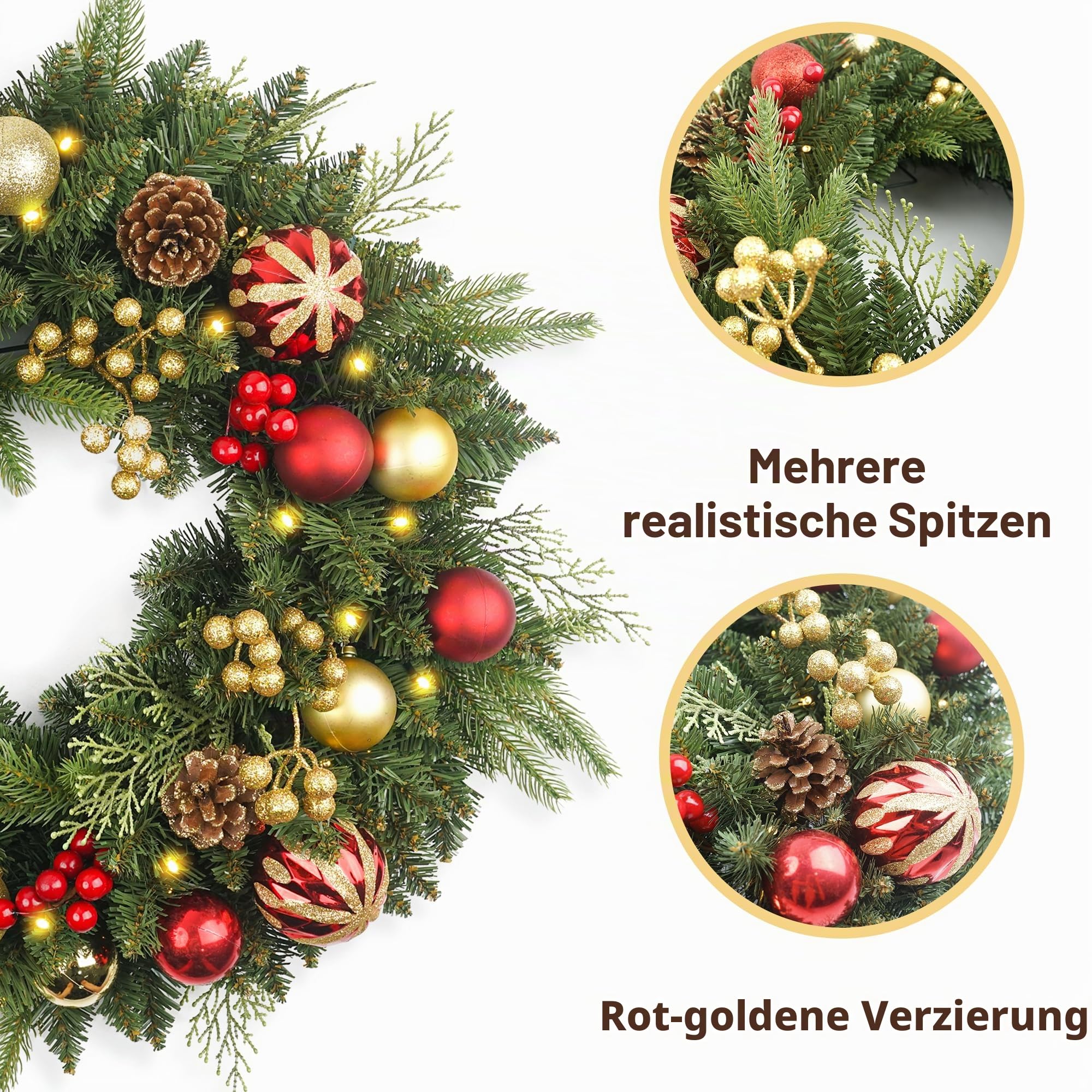 Weihnachtskranz Vorbeleuchtet 61.0 cm mit 50 Licht & Rotgold Kugel Tannenzapfen, Künstliche Weihnachtskränze für Haustür mit Lichtern, Kranz für Weihnachtsdekoration, Tür, Fenster, Wand, Grün