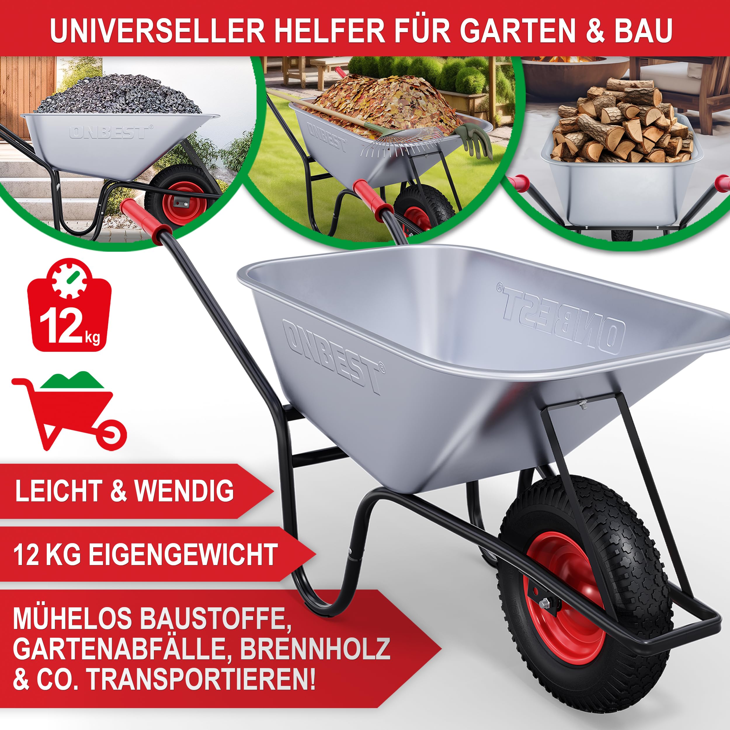 ONBEST Schubkarre mit 100 Liter vollverzinkt Silber – 250 kg Tragkraft – Luftreifen auf Stahlfelge – pulverbeschichteter Stahlrahmen schwarz – Bauschubkarre Gartenkarre – Plus Gartenabfallsack groß