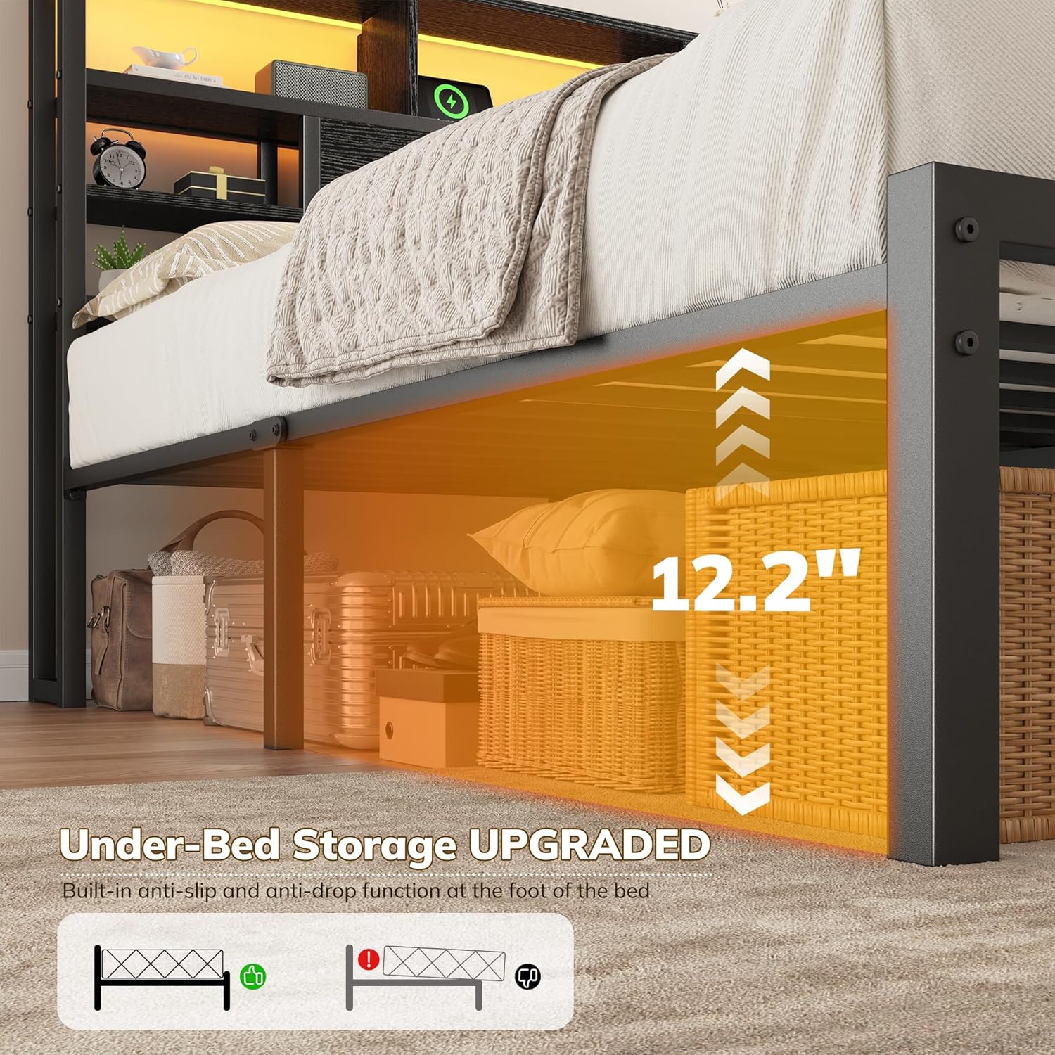 Queen Bed Frame with Storage Headboard, LED Lights & Charging Station Heavy Duty Metal Platform Bed for Bedrooms, 1100 LBS Capacity, No Box Spring Needed, Easy Assembly,Black