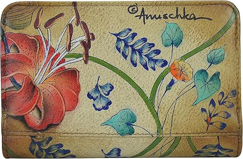Miniatura 2 de Anuschka Cartera organizadora de piel auténtica pintada a mano para mujer, botón a presión, tarjeteros protegidos RFID, ventana de identificación,