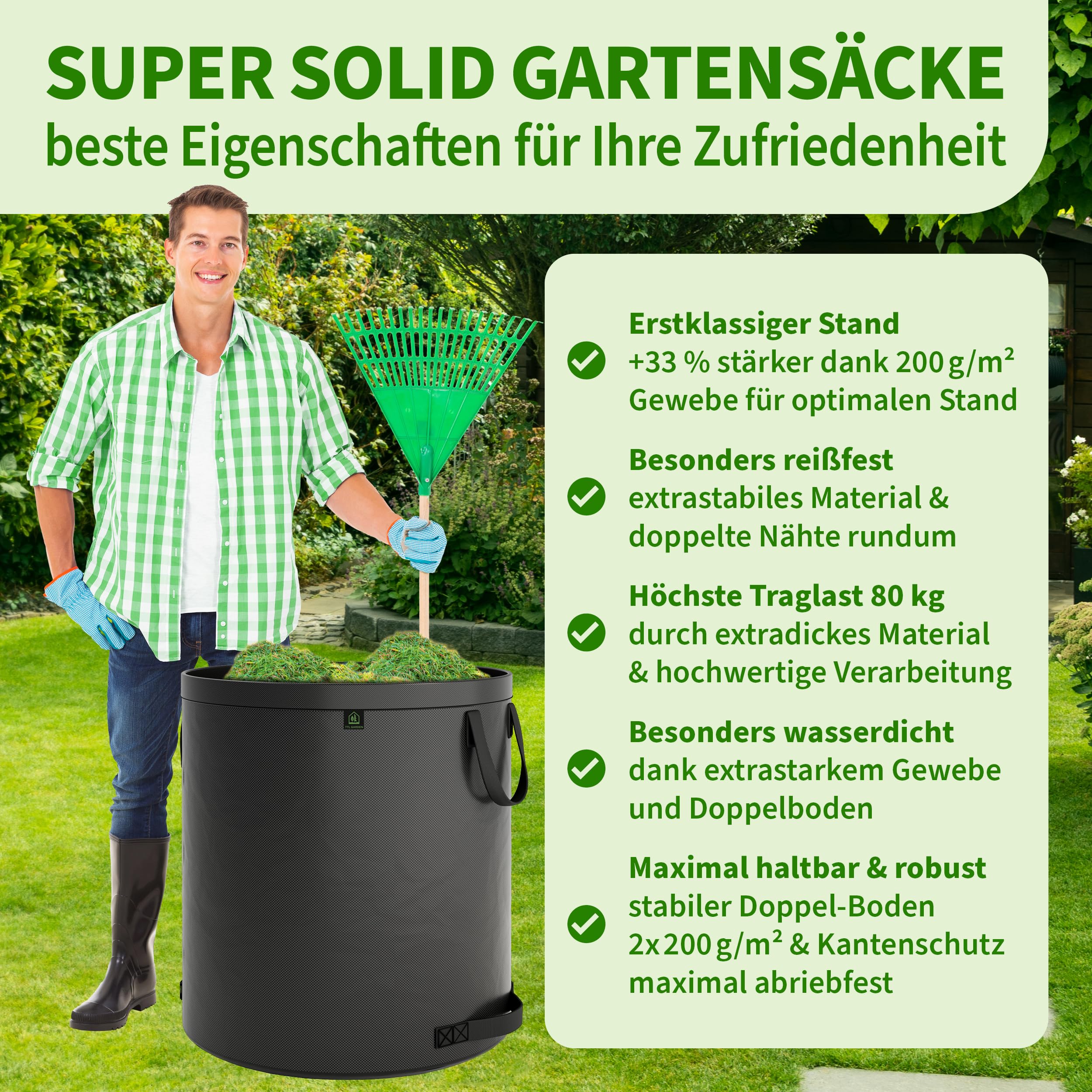 TTL Garden 3x 272L SUPER SOLID Gartensack grau - DOPPELTER BODEN 2x200 gsm extra stabil & reißfest selbststehend 4 Griffe groß robust 3er Set Laubsack Abfallsack für Gras Laub Hecke Gartenabfall