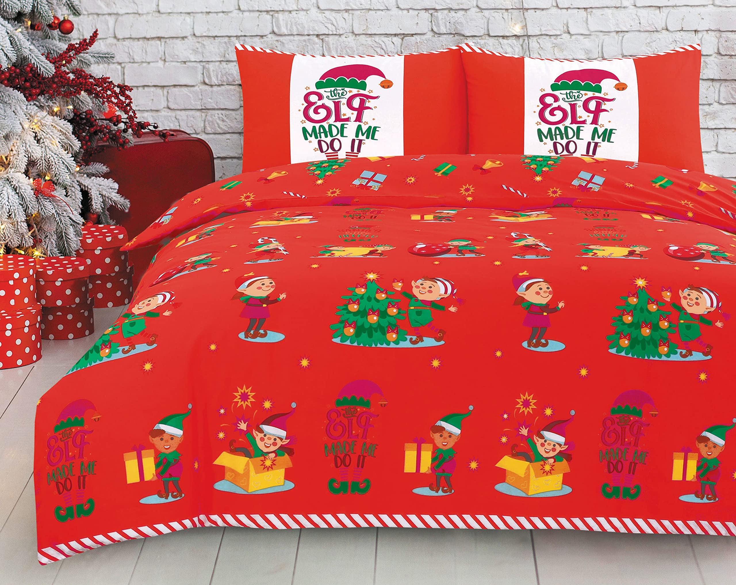 Charlotte Andersen Red, Blue, Grey, Green Santa's Elves Christmas King Xmas Red Festive Duvet Cover Bedding Set With Pillowcases (Santas Elves, King)
