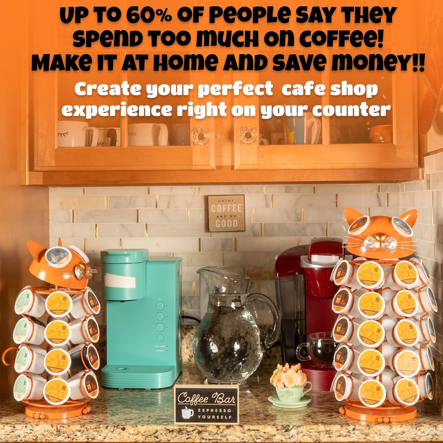 Made Easy Kit Carousel Coffee Pod Holder, Compatible with Keurig K-Pods K-Cups, Countertop Rack Storage Organizer, Metal Home and Kitchen Decor, Capsule Café Station Bar (Large, Orange Cat)