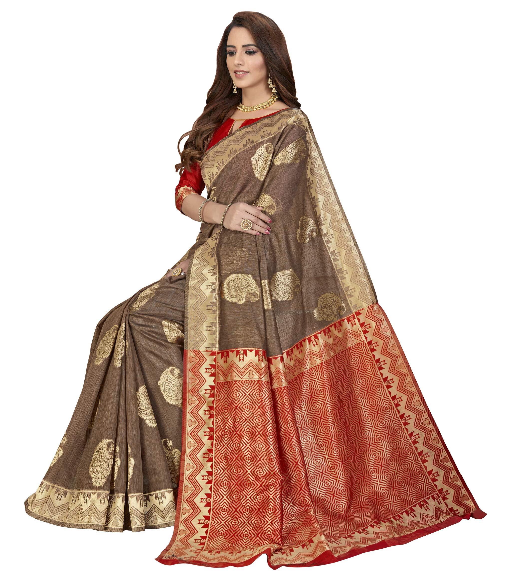 Glory Sarees Womens Banarasi Silk Saree With Blouse Piece (Glory_Silk104_Brown)