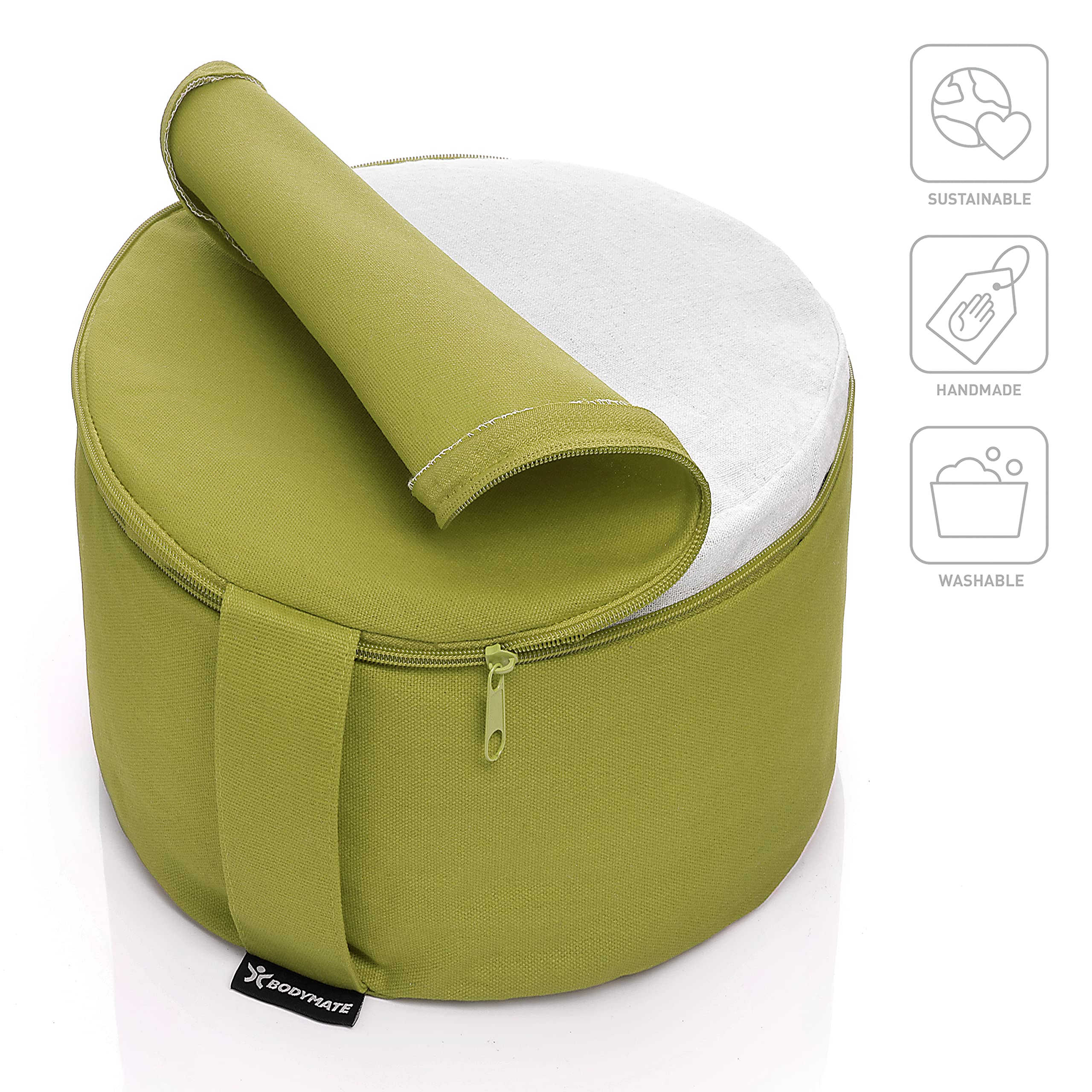 BODYMATE Cuscino da Yoga Rotondo Extra Alto 20cm Diametro 31cm con Imbottitura di Grano Saraceno e Spelta – Rivestimento Lavabile in Lavatrice 100% Cotone Extra Spesso – Cuscino da Meditazione – Zafu