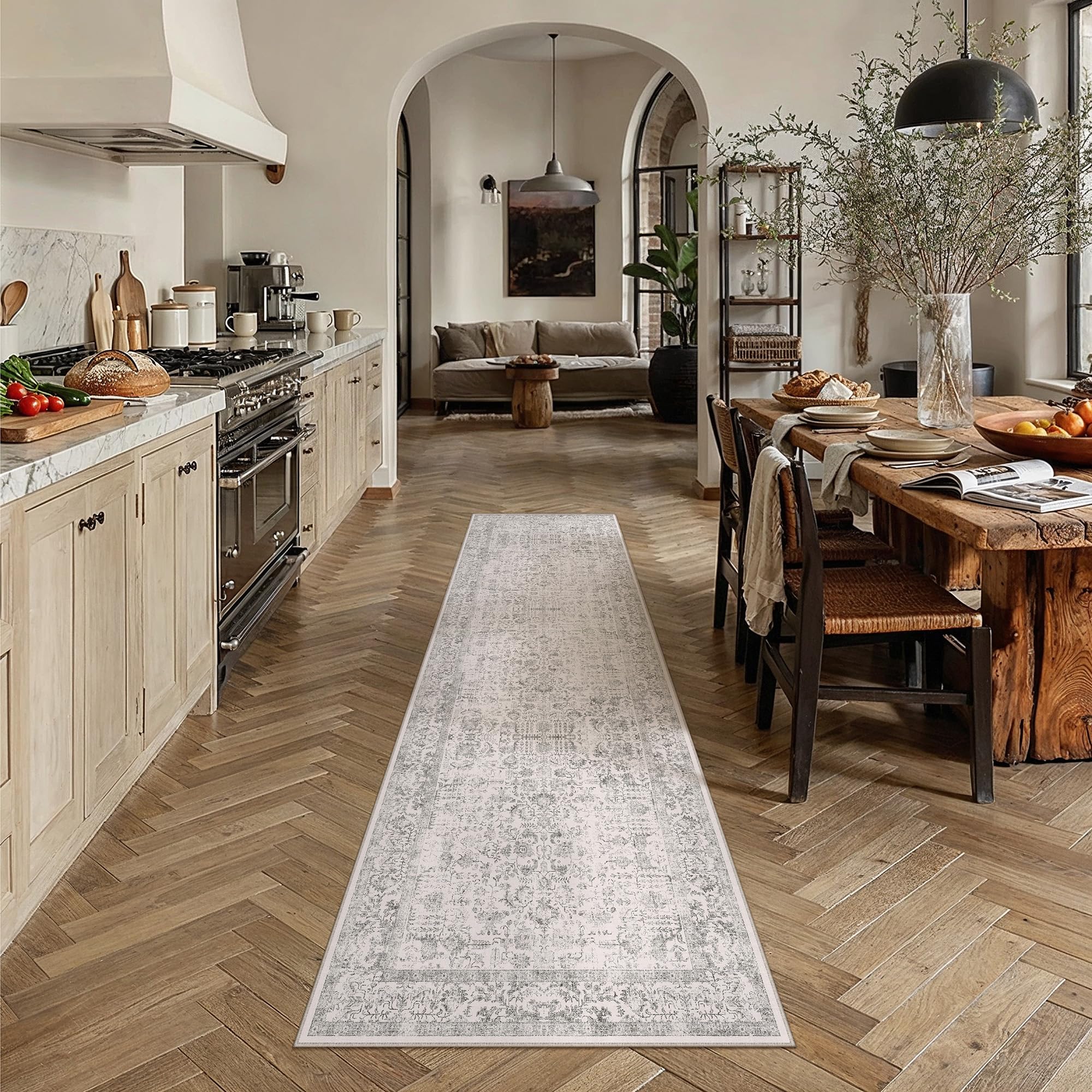 PureCozy Gray Runner Rug 2x8 Hallway Machine Washable Kitchen Vintage Distressed Non Slip Long Carpet Indoor Grey Retro Floral Bedroom Accent Throw