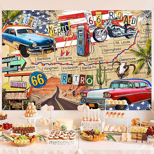 Miniatura 4 de HANYING Telón de fondo vintage de ruta 66, motocicleta clásica para automóvil, estación de servicio, mapa de ruta, fotografía, fondo retro, fiesta