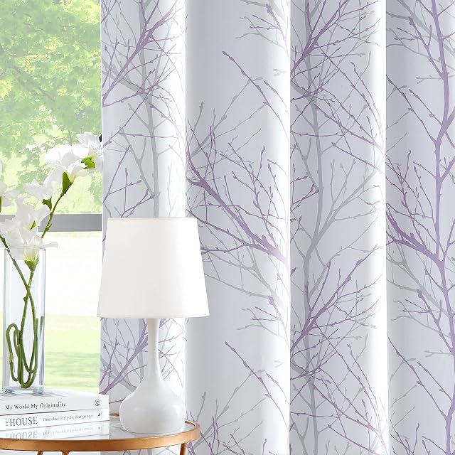 Fmfunctex White Lilac Tree Blackout Curtains for Bedroom 90 inches Length Branch Print Curtain Panels with Thermal Insulated Black Curtain Liner for Men's Guest Room Grommet Top 50" w x 2pcs