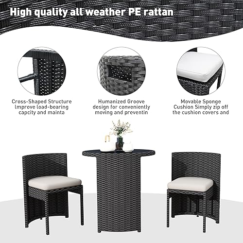 Miniatura 5 de Juego de 3 sillas de mimbre para exteriores, muebles de patio que ahorran espacio con mesa de ratán para césped, jardín, piscina, balcón, sin