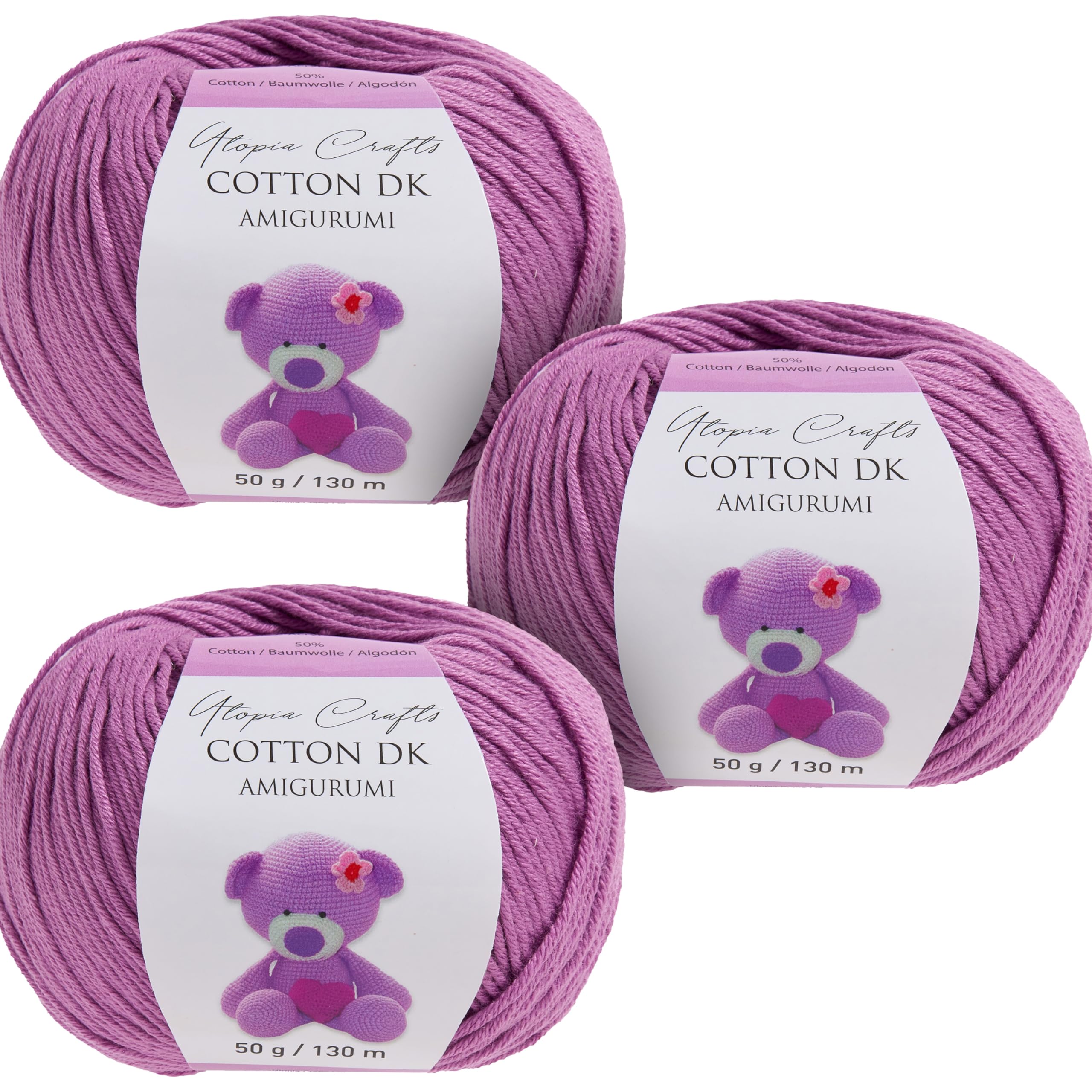 Utopia Crafts Amigurumi Cotton DK Yarn for Crochet and Knitting 50% Cotton, 50% Acrylic Blended, 3X 50g (Lilac)