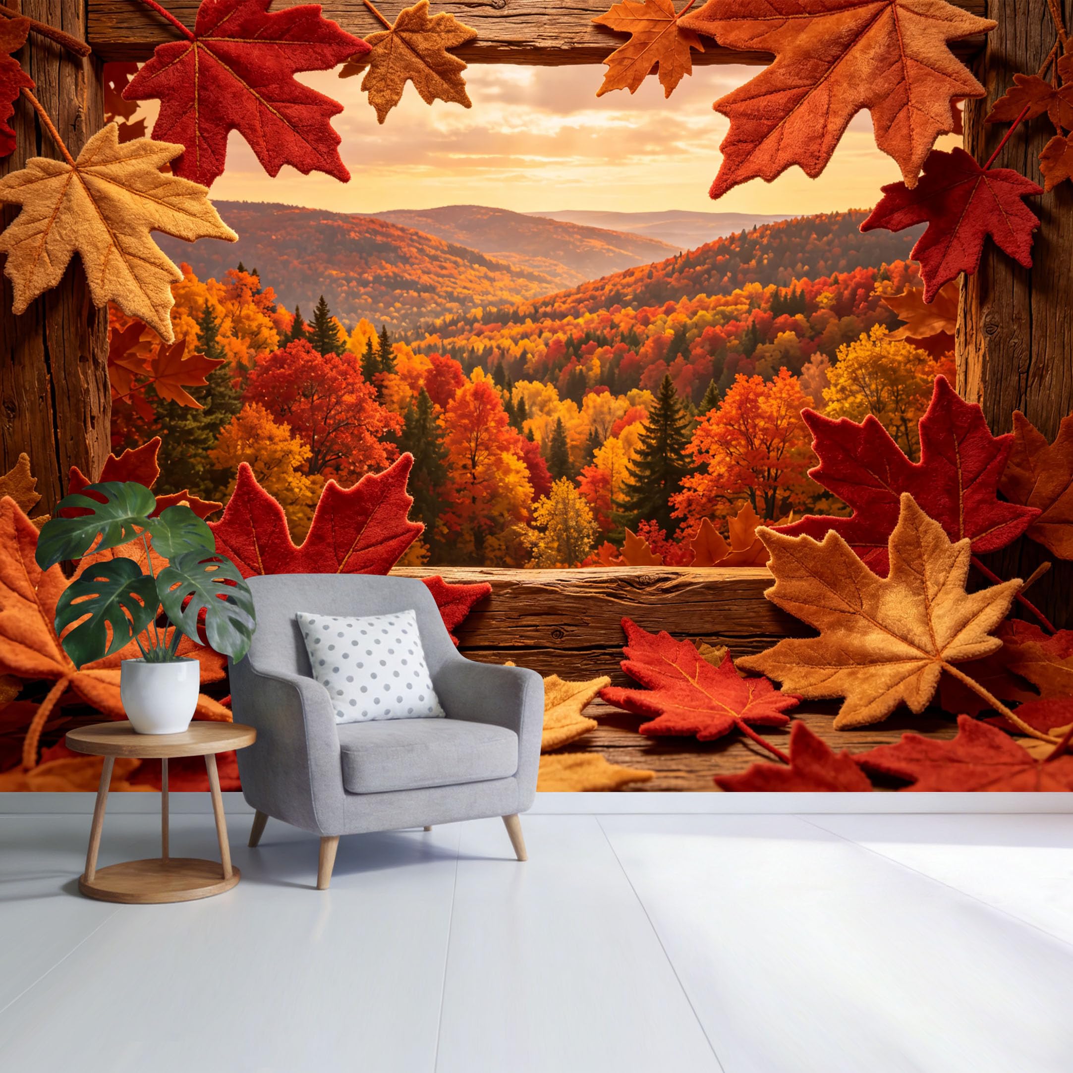 Custom Size Wall Mural Autumn Forest Landscape Scenic Mountain View with Maple Leaves Window Frame SelfAdhesive Wall Fabric Removable Wallpaper for Home Office Decor
