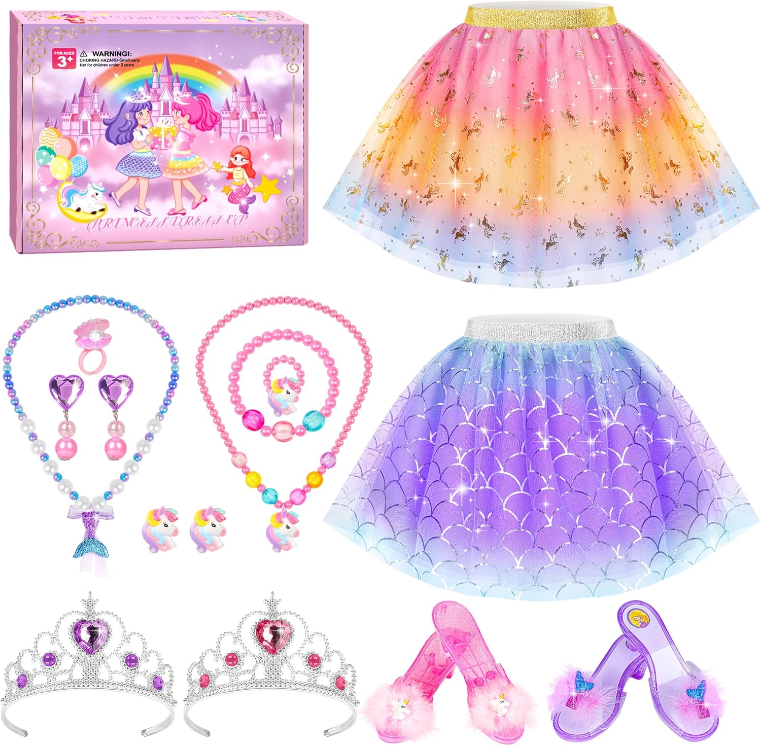Princess Dress Up Shoes Set, Girls Dress Up Toys, Jewelry Boutique Crown Necklace Earrings Rings Bracelet, Princess Dresses Role Pretend Play Gifts Princess Toys for Girls Aged 3 4 5 6