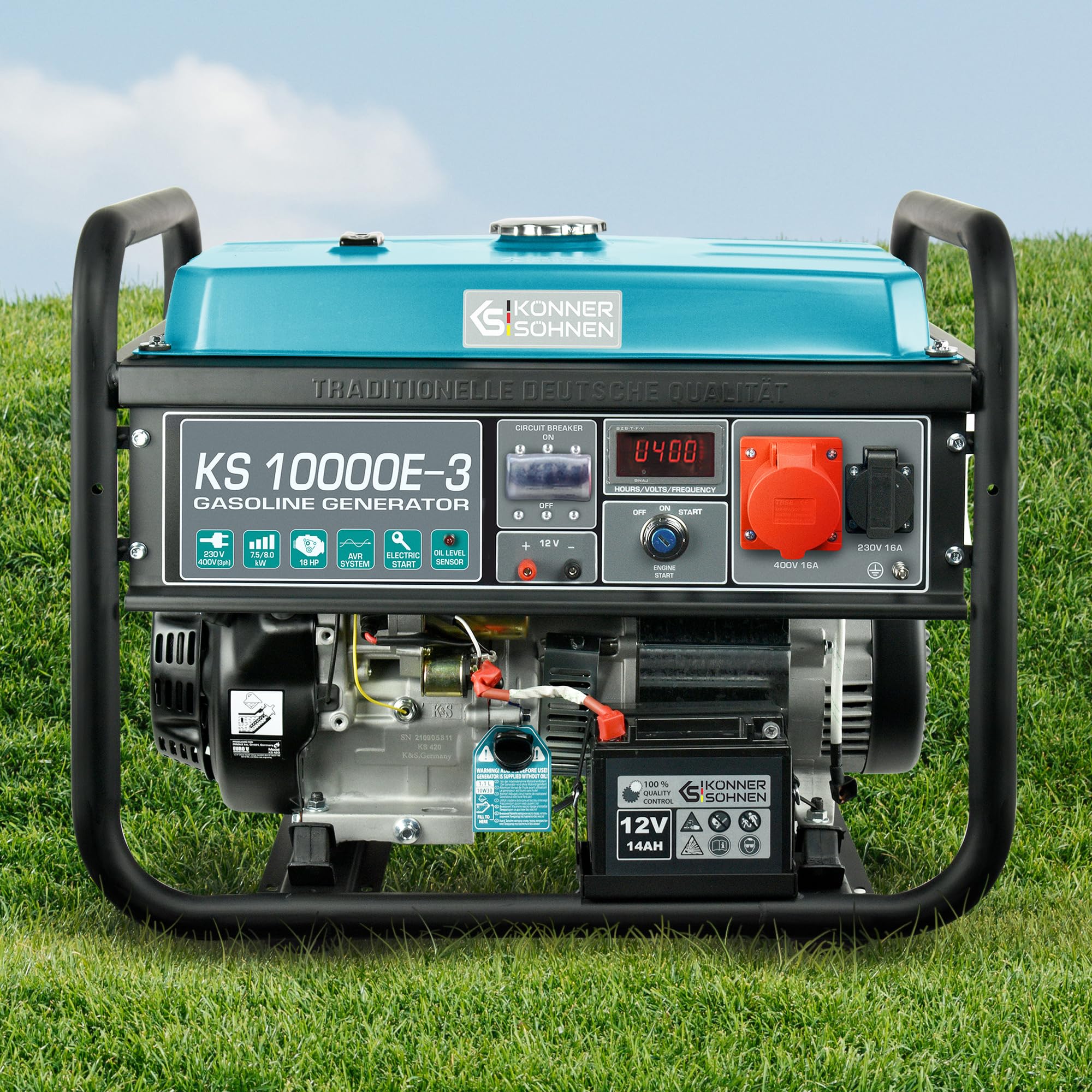 Generatore a benzina KS 10000E-3 per utenze trifase (400V), potenza massima 8000 W, con avviamento manuale/elettrico,protezione da cortocircuito, LED display, avvolgimento in rame,EURO 5