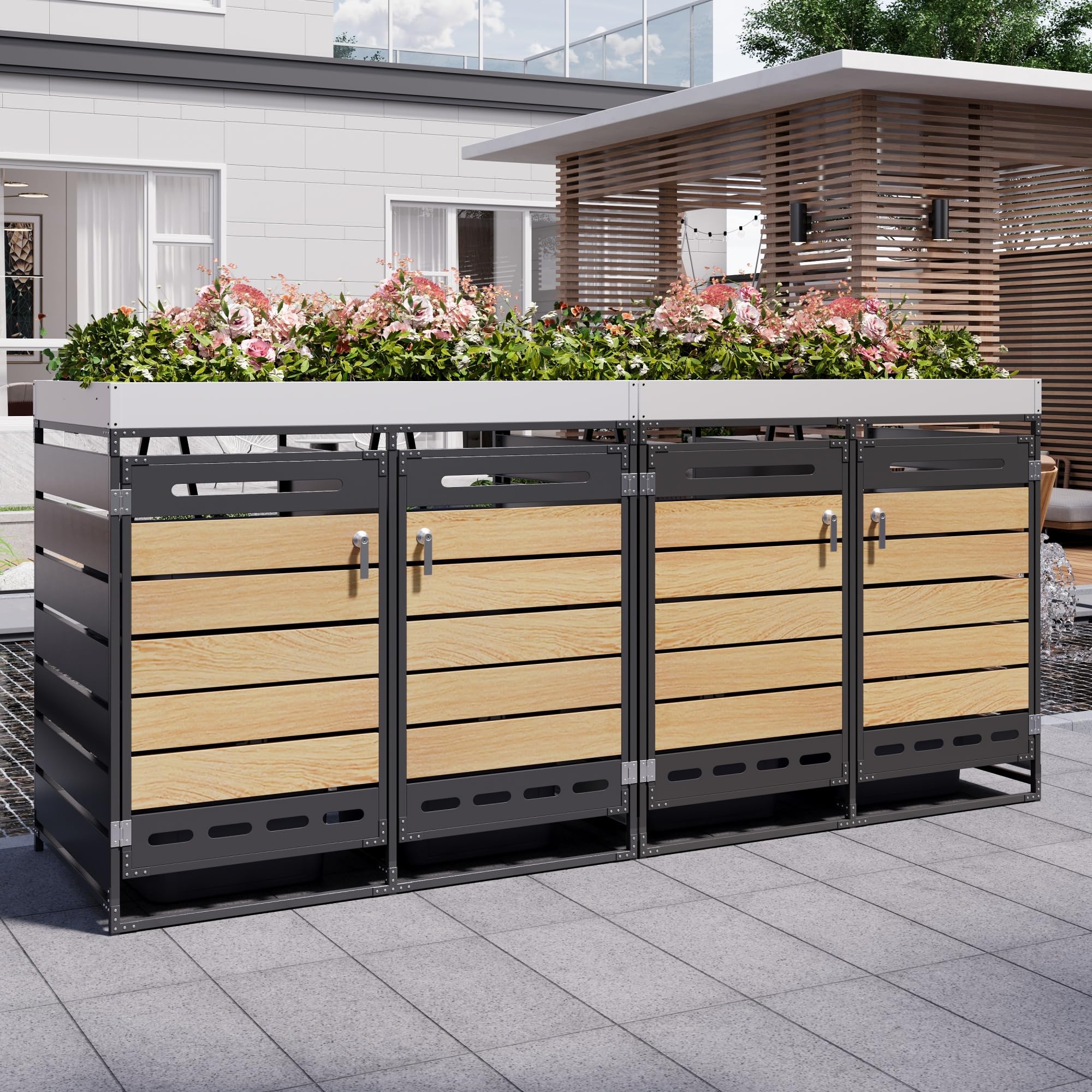 Contenedor de basura con jardinera, armario de almacenamiento de jardín de hierro con 4 compartimentos de almacenamiento, aspecto de madera horizontal, ventilación, cerradura