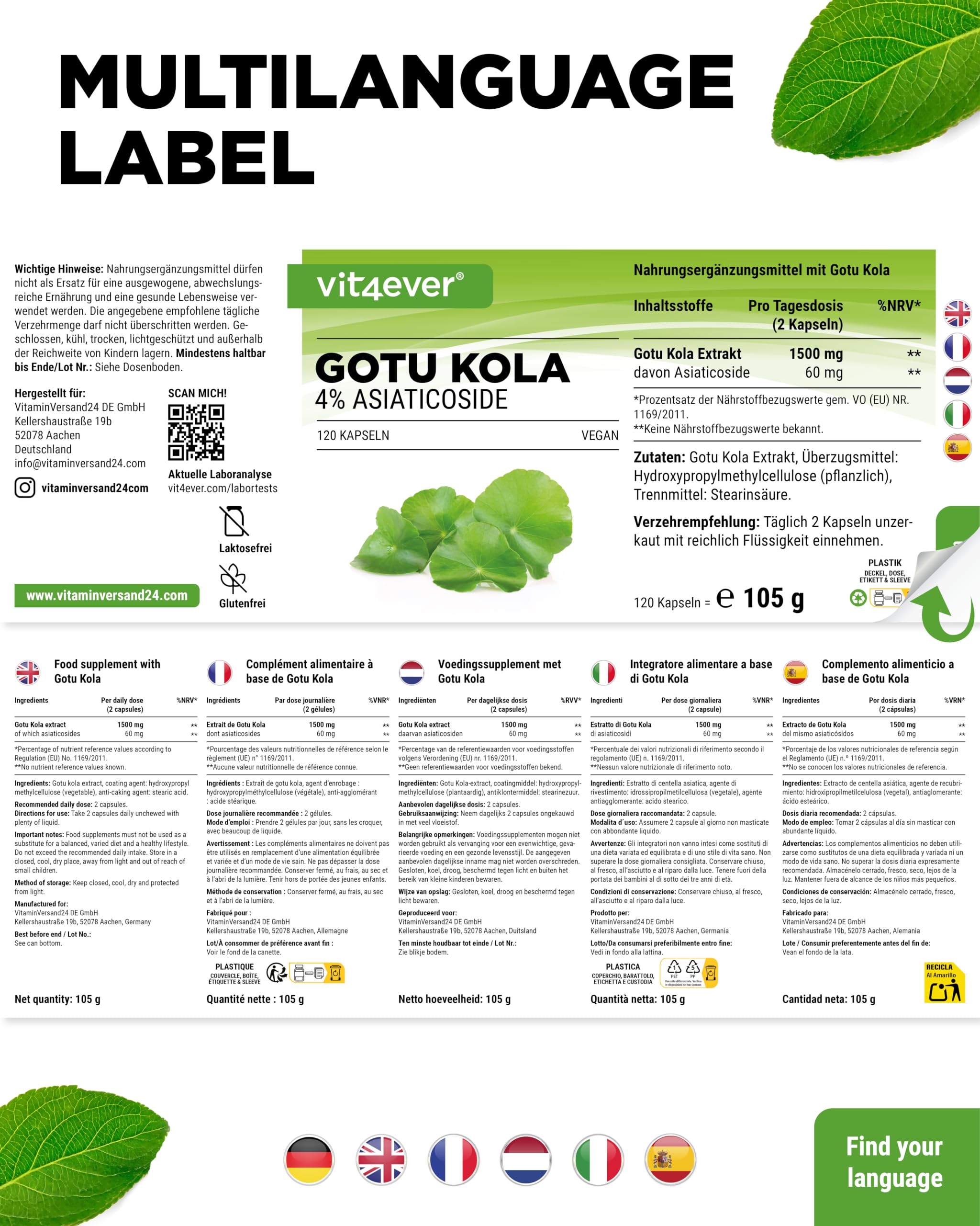 vit4ever Gotu Kola Extrakt - 120 vegane Kapseln | 1500 mg Centella asiatica Extrakt pro Tagesdosis, Standardisiert auf 4% Asiaticoside, Laborgeprüft, Hochdosiert